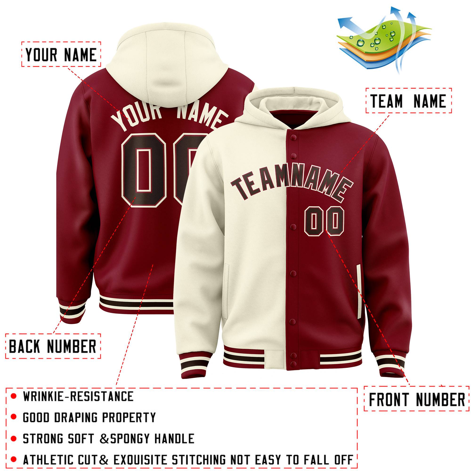 Custom Cream Crimson Split Fashion Varsity Full-Snap Letterman Two Tone Jacket Hoodie
