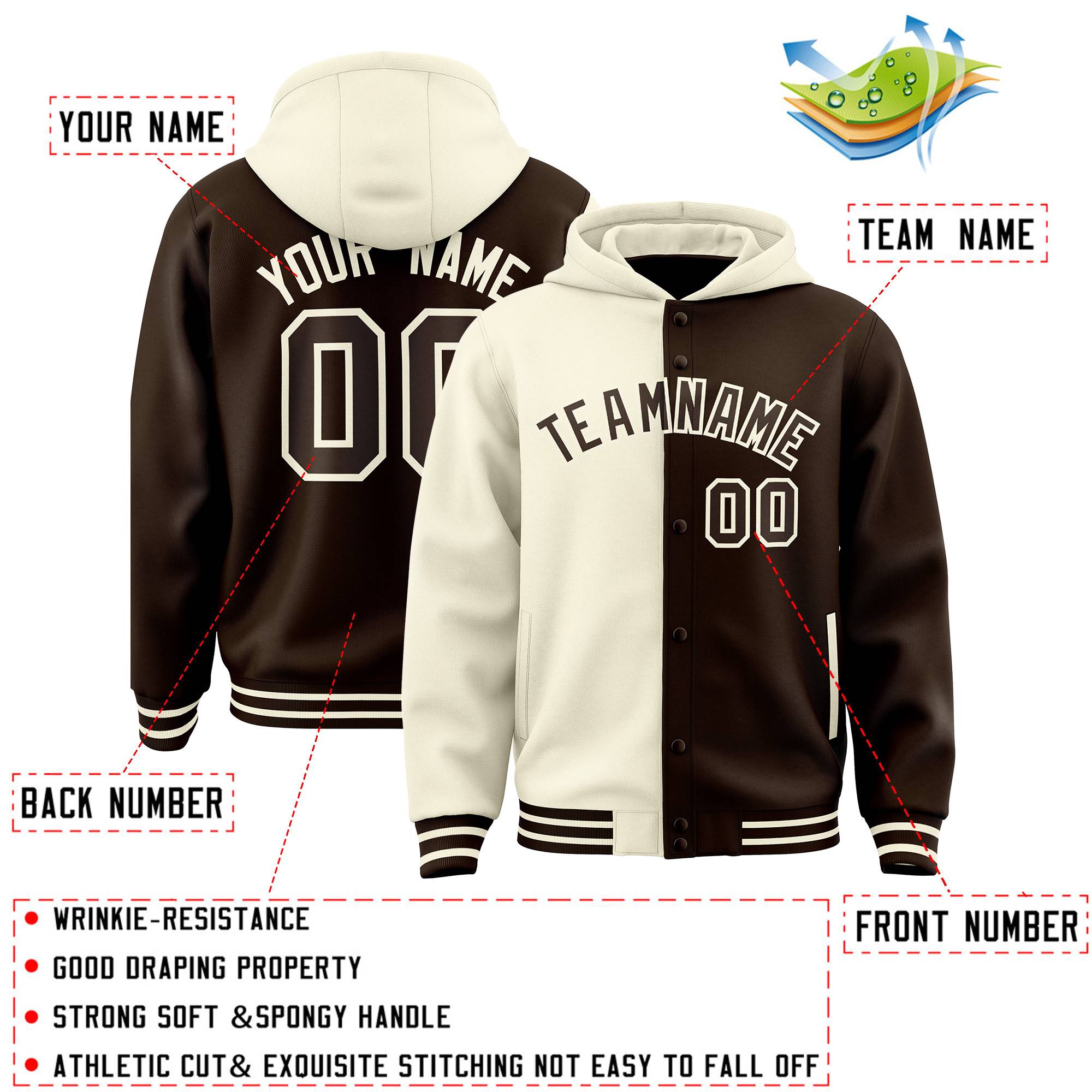 Custom Cream Brown Split Fashion Varsity Full-Snap Letterman Two Tone Jacket Hoodie