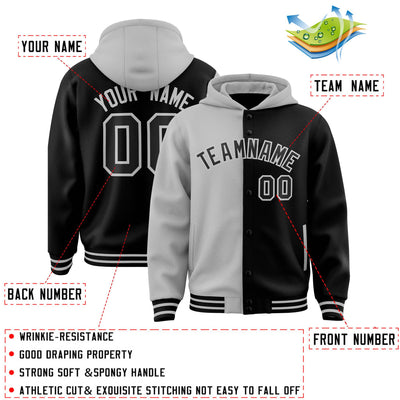 Custom Gray Black Split Fashion Varsity Full-Snap Letterman Two Tone Jacket Hoodie
