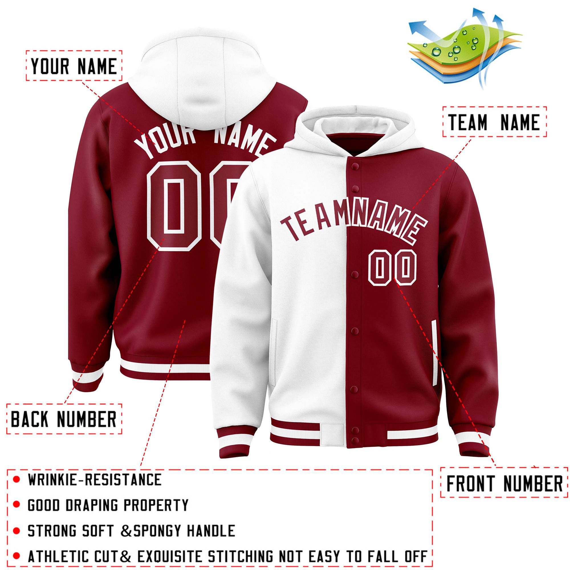 Custom White Crimson Split Fashion Varsity Full-Snap Letterman Two Tone Jacket Hoodie