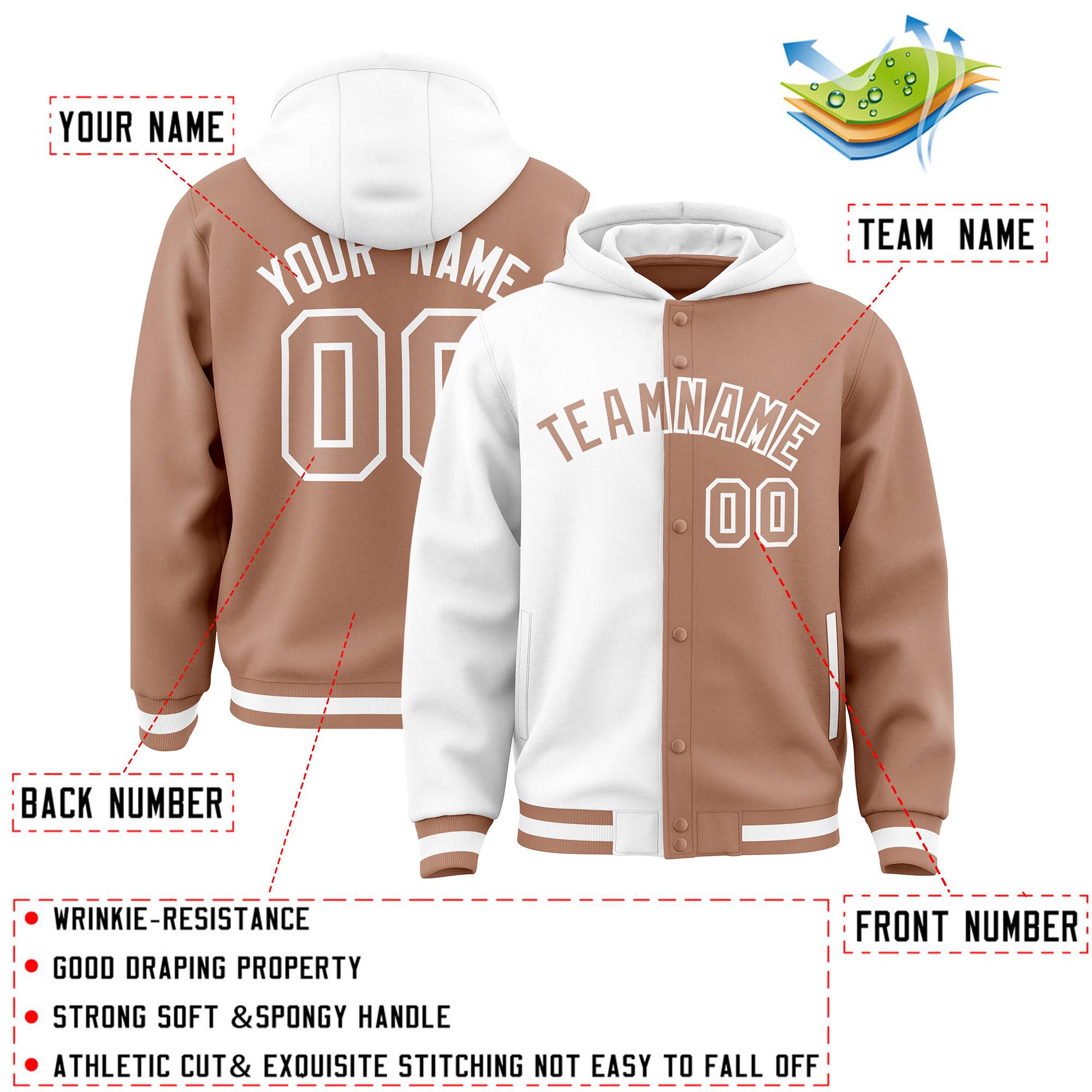 Custom White Light Brown Split Fashion Varsity Full-Snap Letterman Two Tone Jacket Hoodie