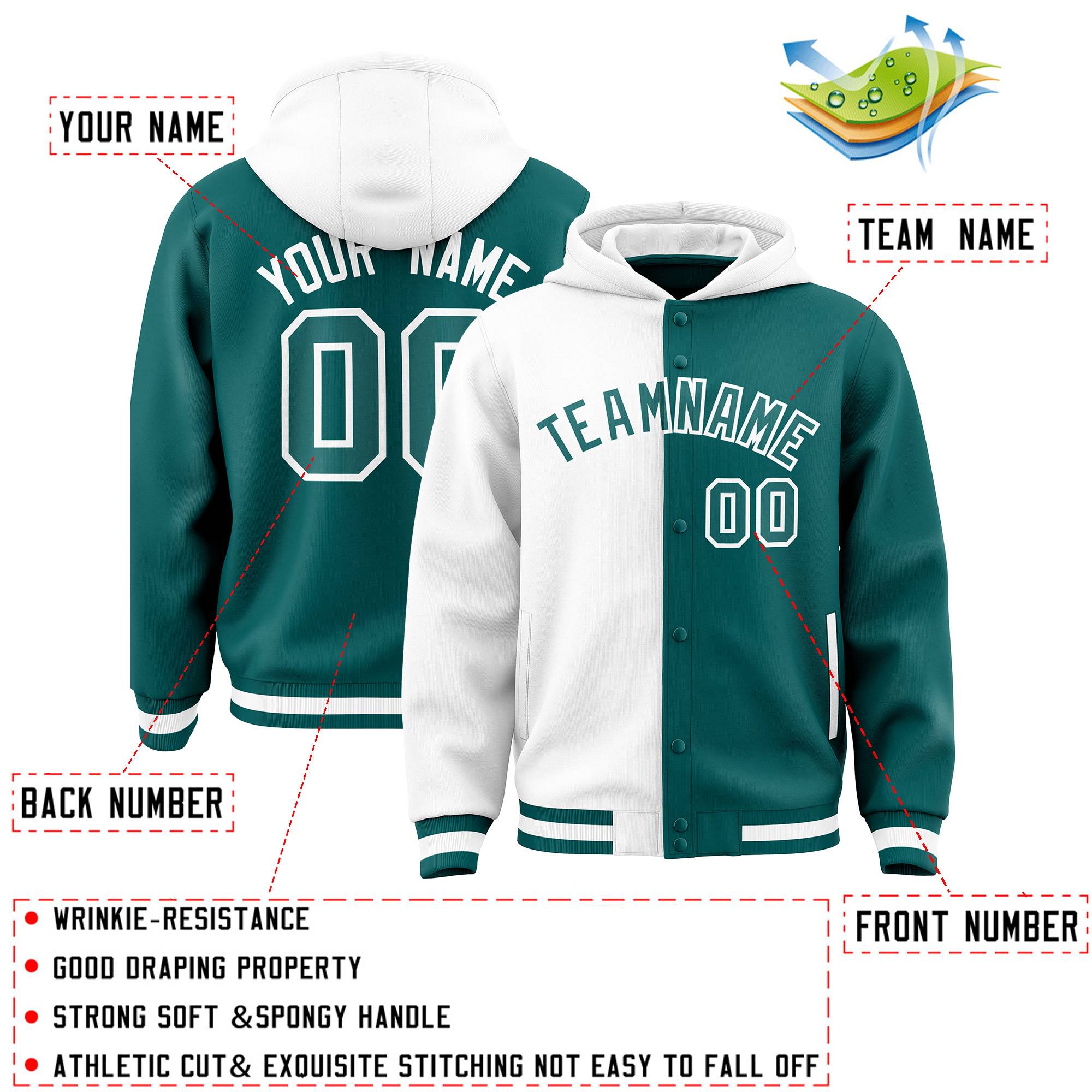 Custom White Aqua Split Fashion Varsity Full-Snap Letterman Two Tone Jacket Hoodie