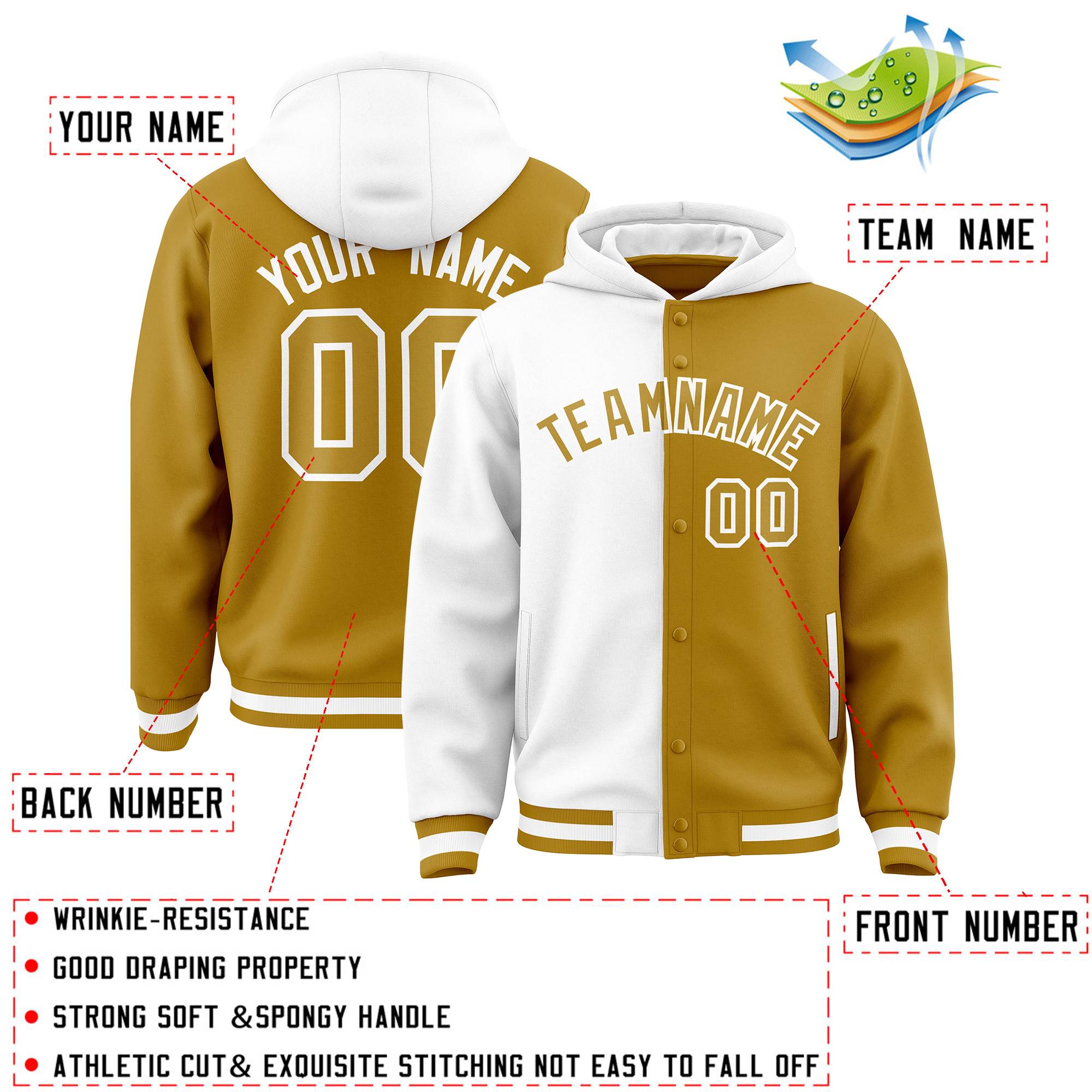 Custom White Old Gold Split Fashion Varsity Full-Snap Letterman Two Tone Jacket Hoodie