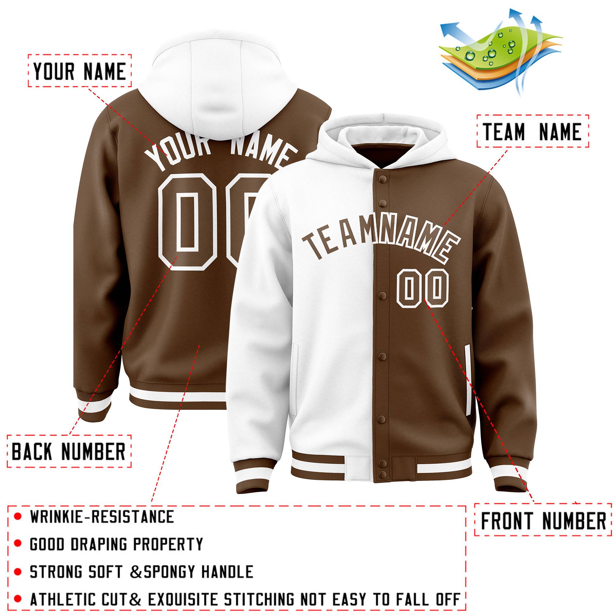 Custom White Light Brown Split Fashion Varsity Full-Snap Letterman Two Tone Jacket Hoodie