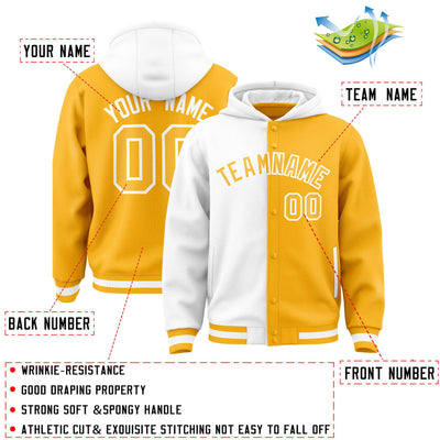 Custom White Gold Split Fashion Varsity Full-Snap Letterman Two Tone Jacket Hoodie