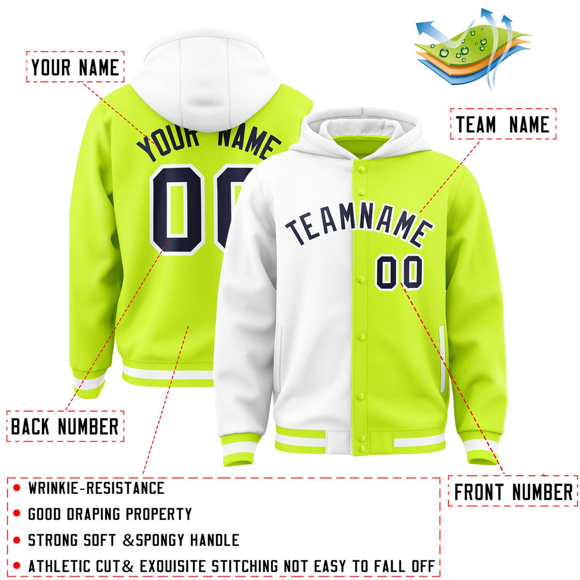 Custom White Neon Green Split Fashion Varsity Full-Snap Letterman Two Tone Jacket Hoodie