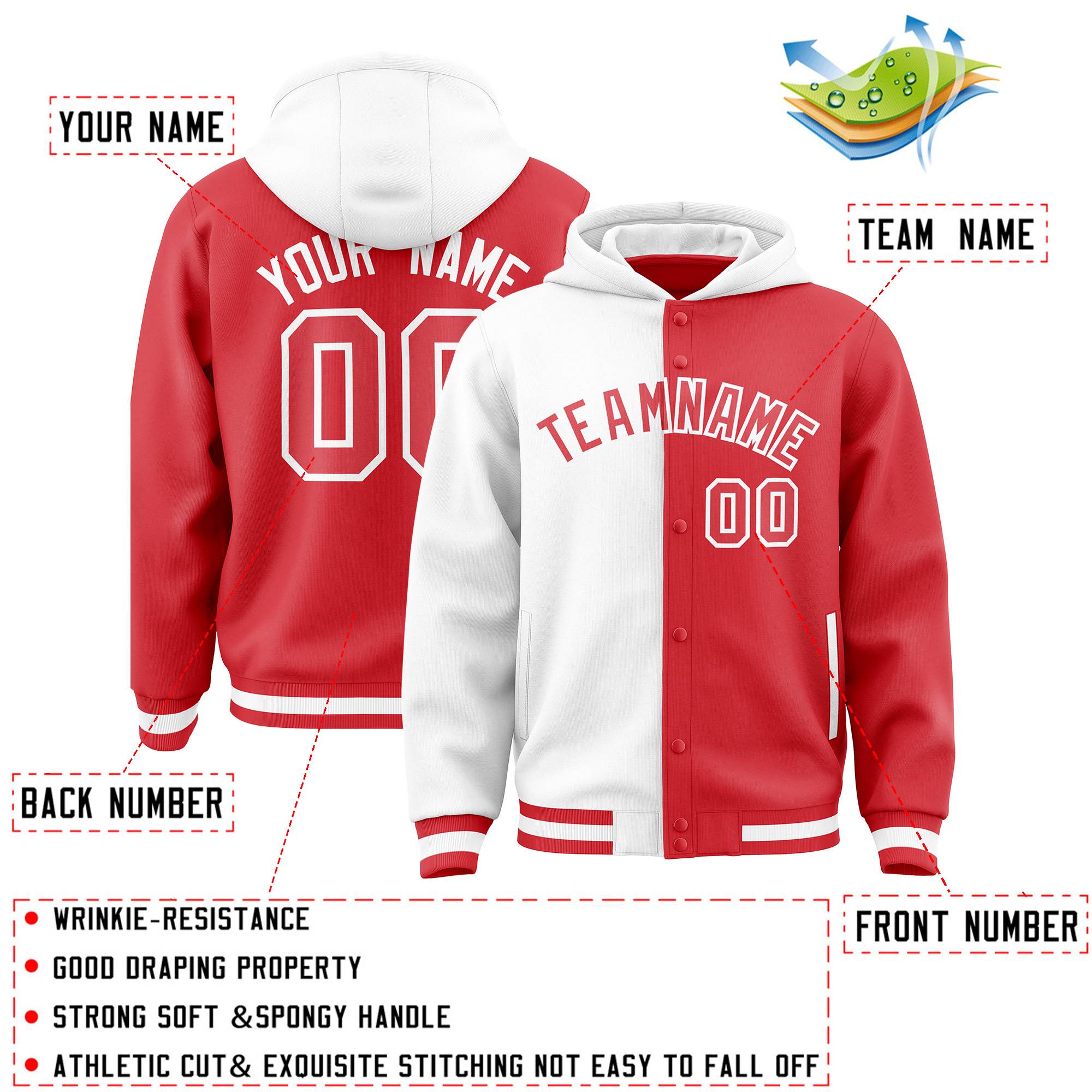 Custom White Light Red Split Fashion Varsity Full-Snap Letterman Two Tone Jacket Hoodie