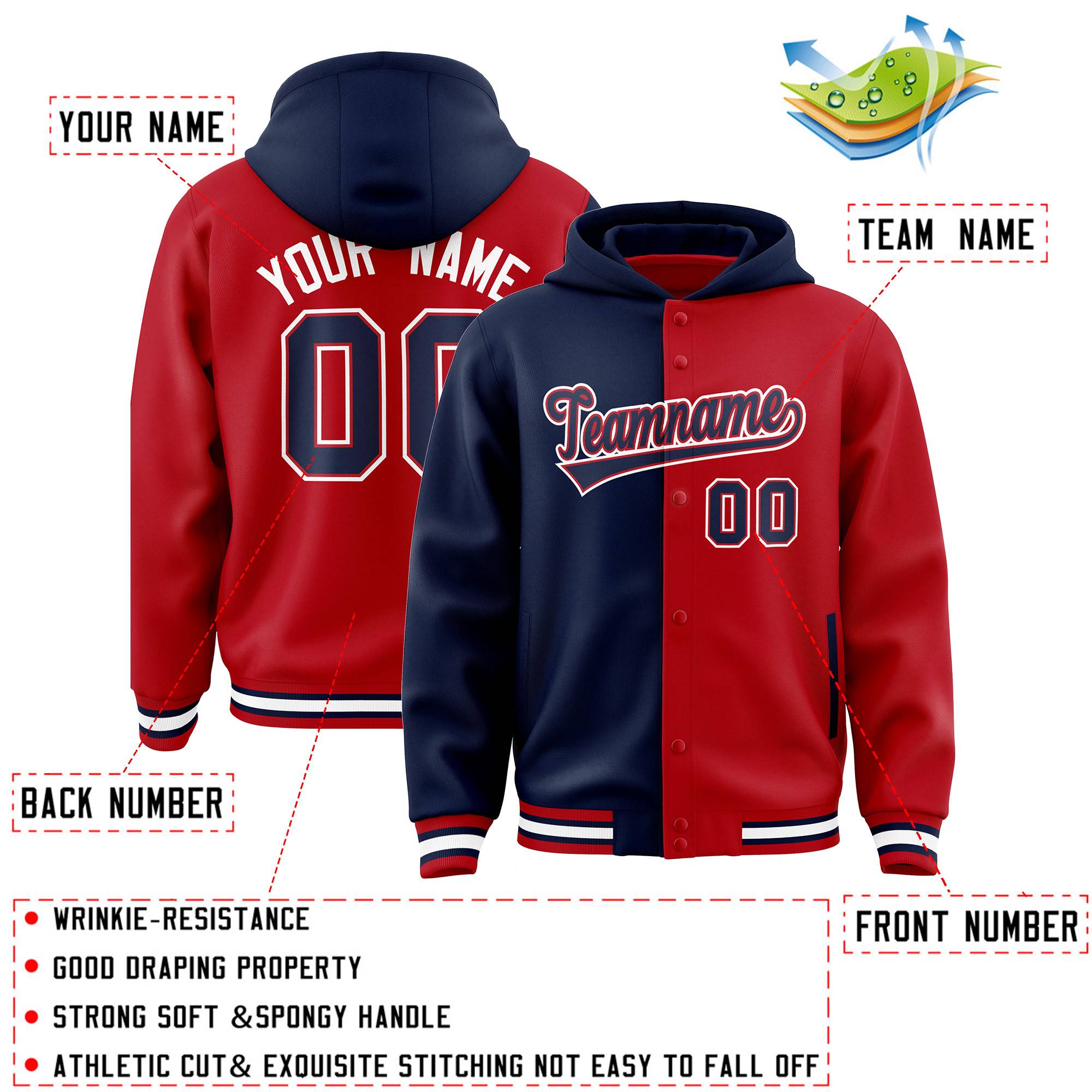Custom Navy Red Split Fashion Varsity Full-Snap Letterman Two Tone Jacket Hoodie
