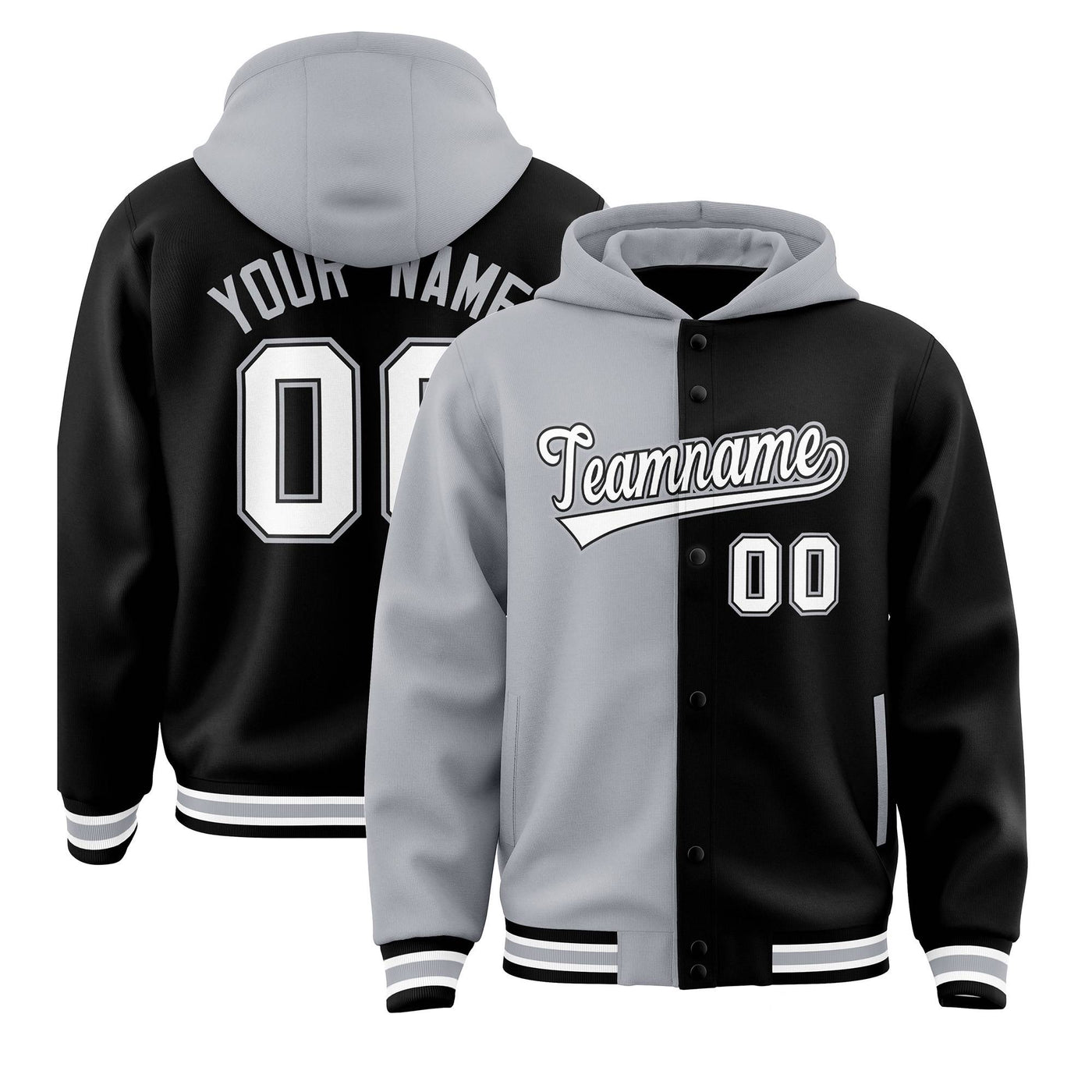 Custom Gray Black Split Fashion Varsity Full-Snap Letterman Two Tone Jacket Hoodie