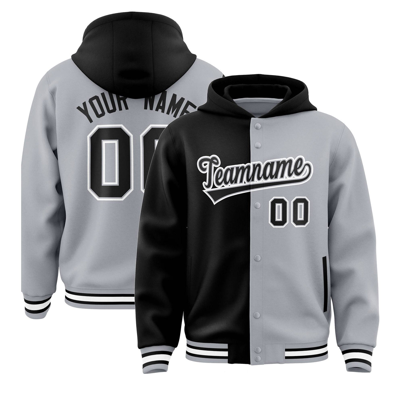 Custom Black Gray Split Fashion Varsity Full-Snap Letterman Two Tone Jacket Hoodie