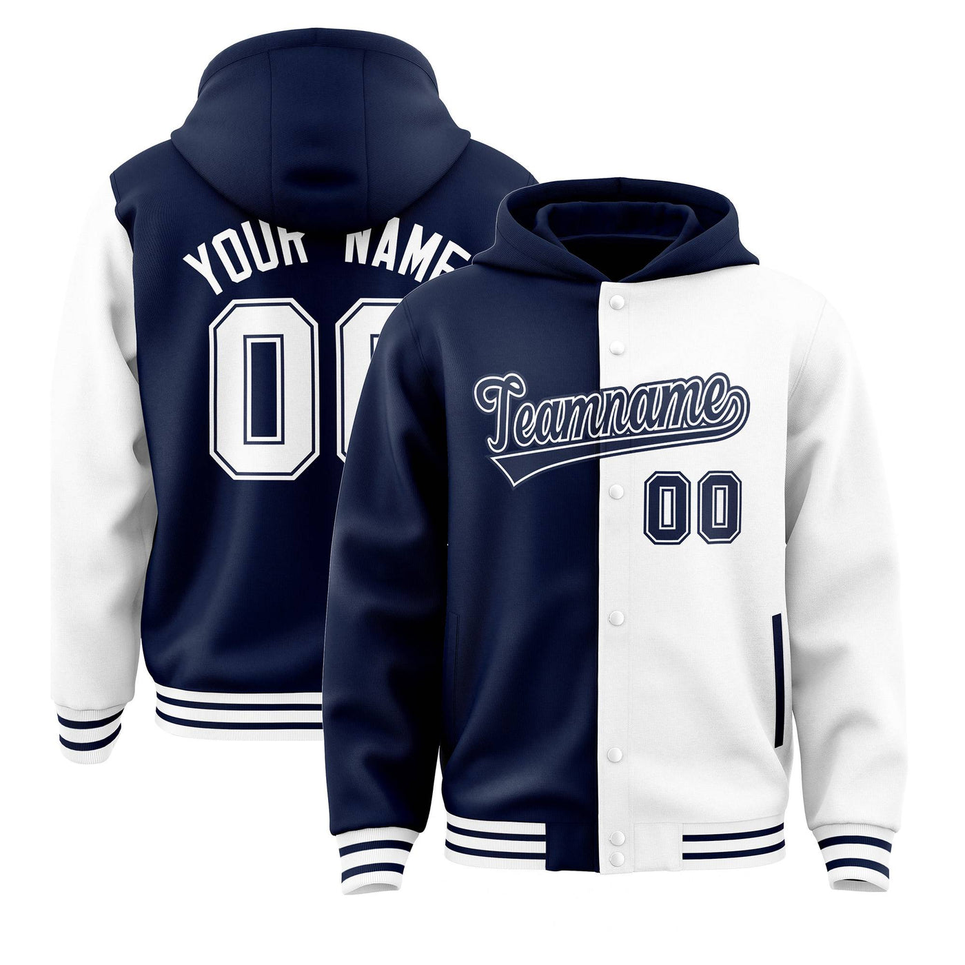 Custom Navy White Split Fashion Varsity Full-Snap Letterman Two Tone Jacket Hoodie