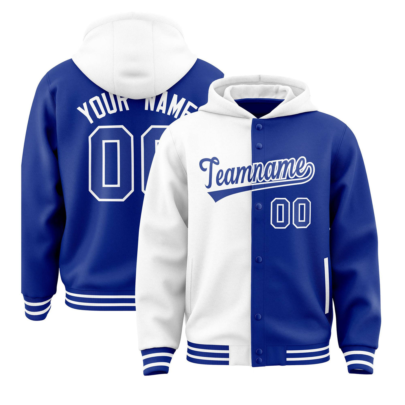 Custom White Royal Split Fashion Varsity Full-Snap Letterman Two Tone Jacket Hoodie