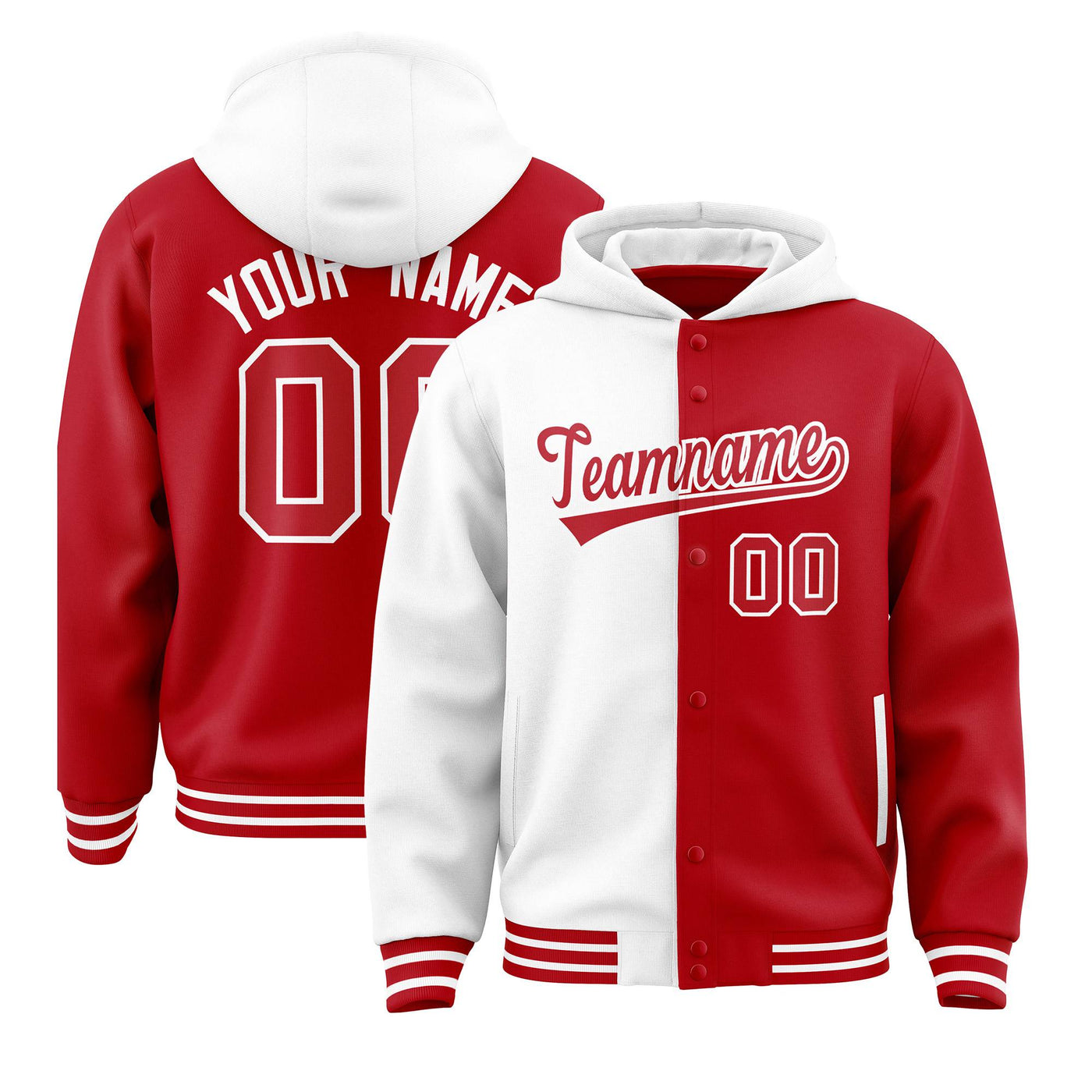Custom White Red Split Fashion Varsity Full-Snap Letterman Two Tone Jacket Hoodie
