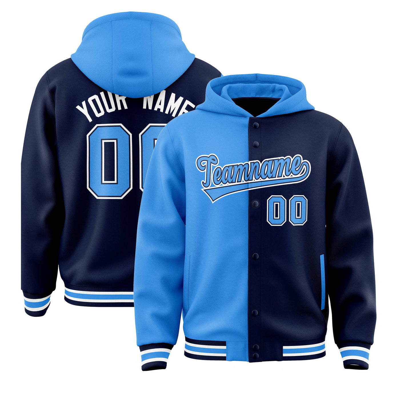 Custom Powder Blue Navy Split Fashion Varsity Full-Snap Letterman Two Tone Jacket Hoodie