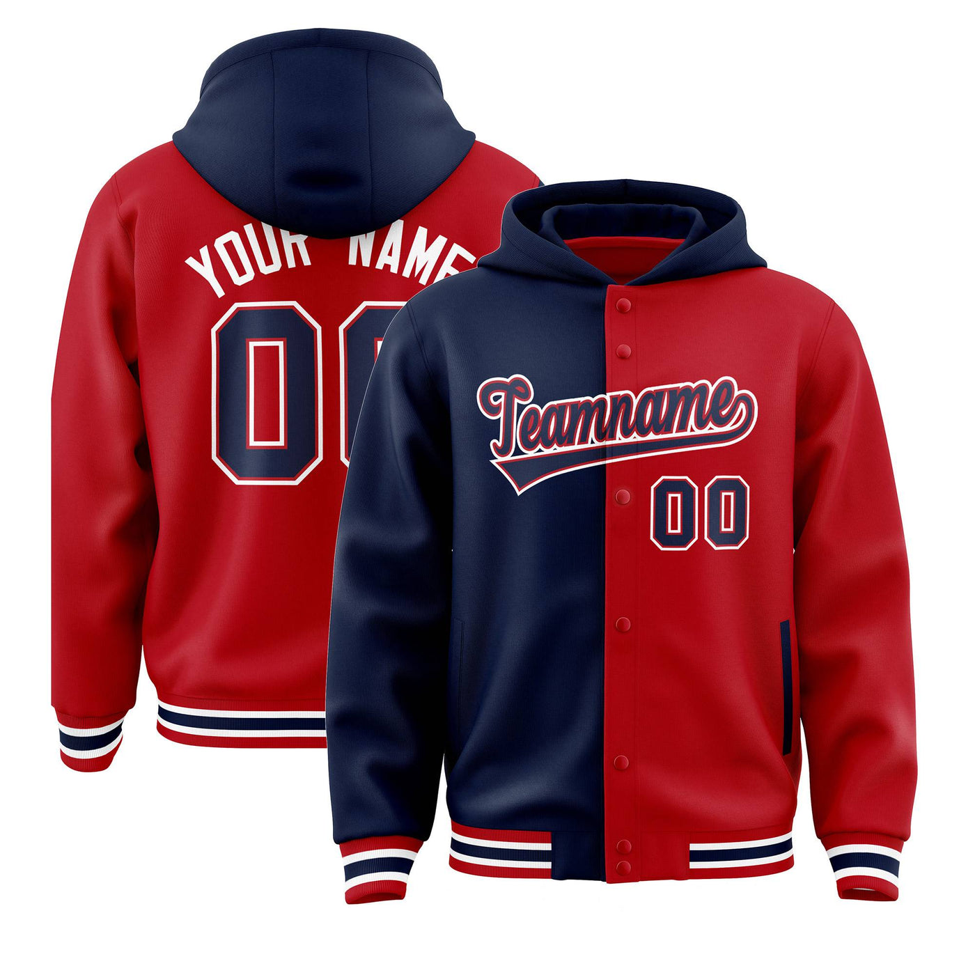 Custom Navy Red Split Fashion Varsity Full-Snap Letterman Two Tone Jacket Hoodie