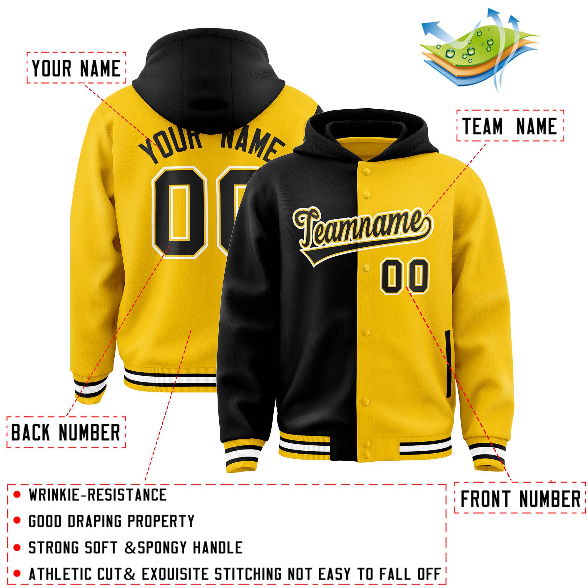 Custom Black Gold Split Fashion Varsity Full-Snap Letterman Two Tone Jacket Hoodie
