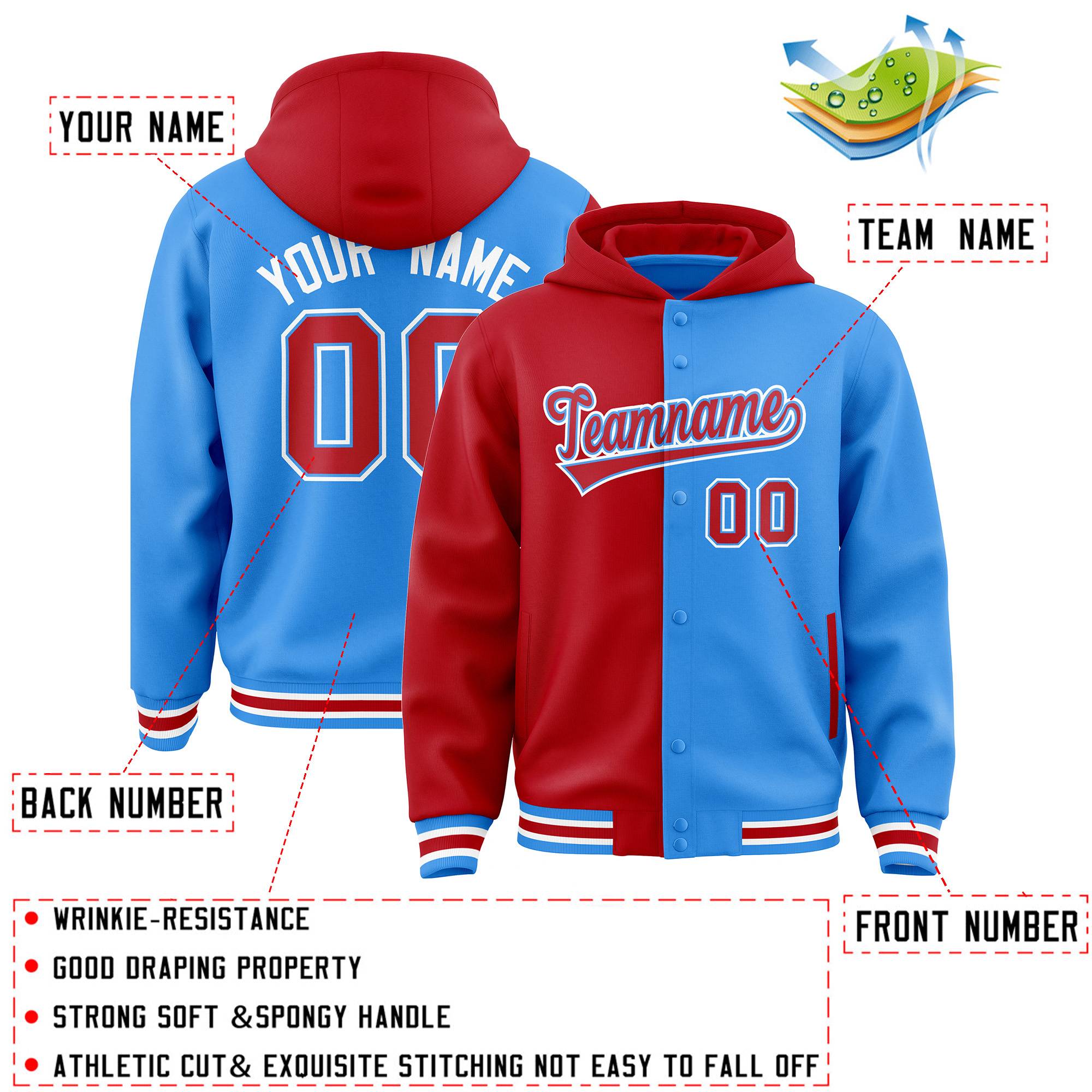 Custom Red Powder Blue Split Fashion Varsity Full-Snap Letterman Two Tone Jacket Hoodie