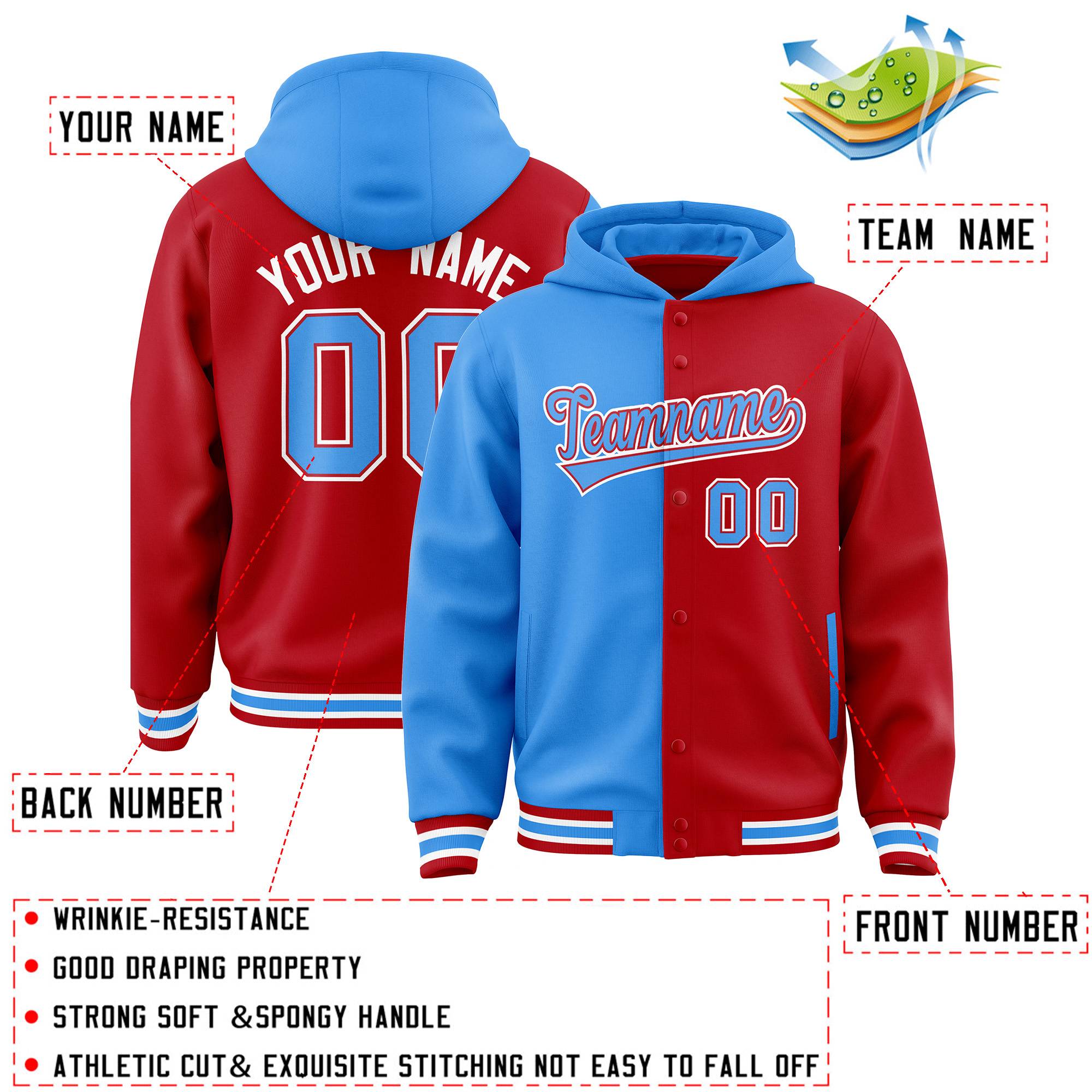 Custom Powder Blue Red Split Fashion Varsity Full-Snap Letterman Two Tone Jacket Hoodie