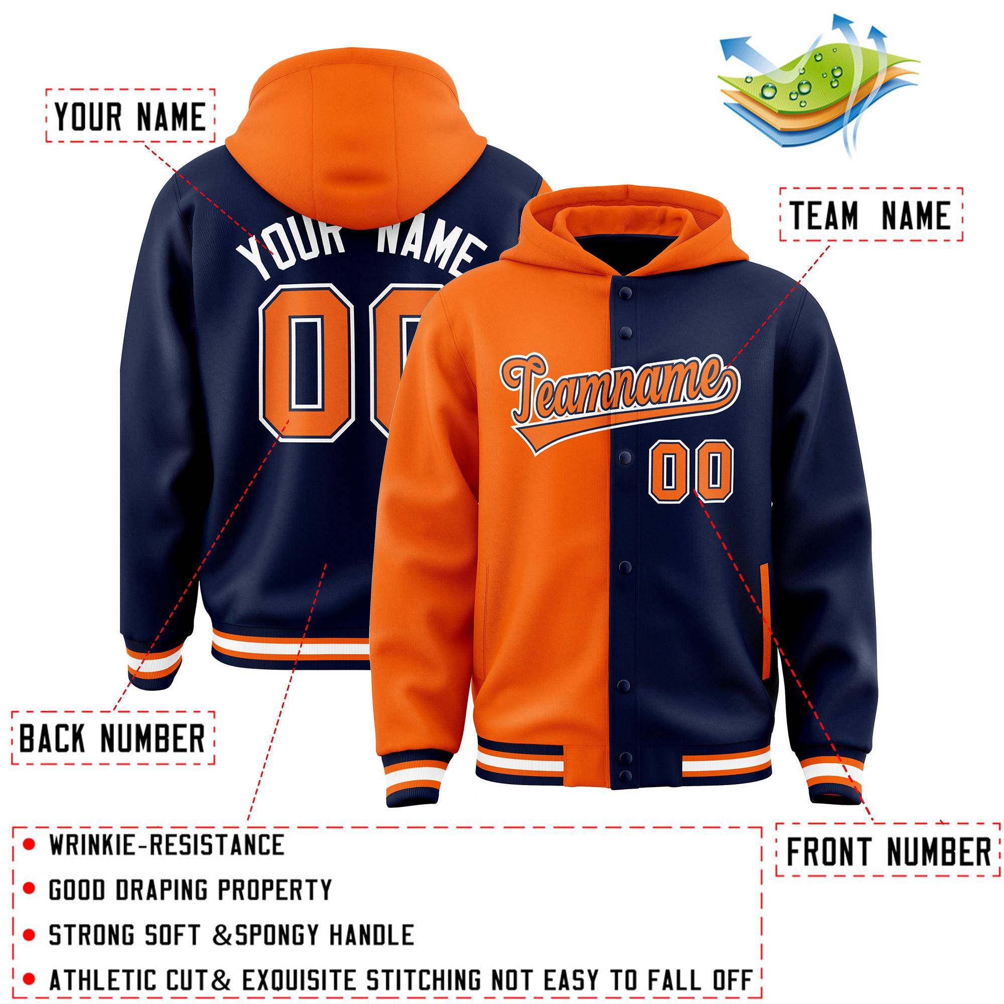 Custom Orange Navy Split Fashion Varsity Full-Snap Letterman Two Tone Jacket Hoodie