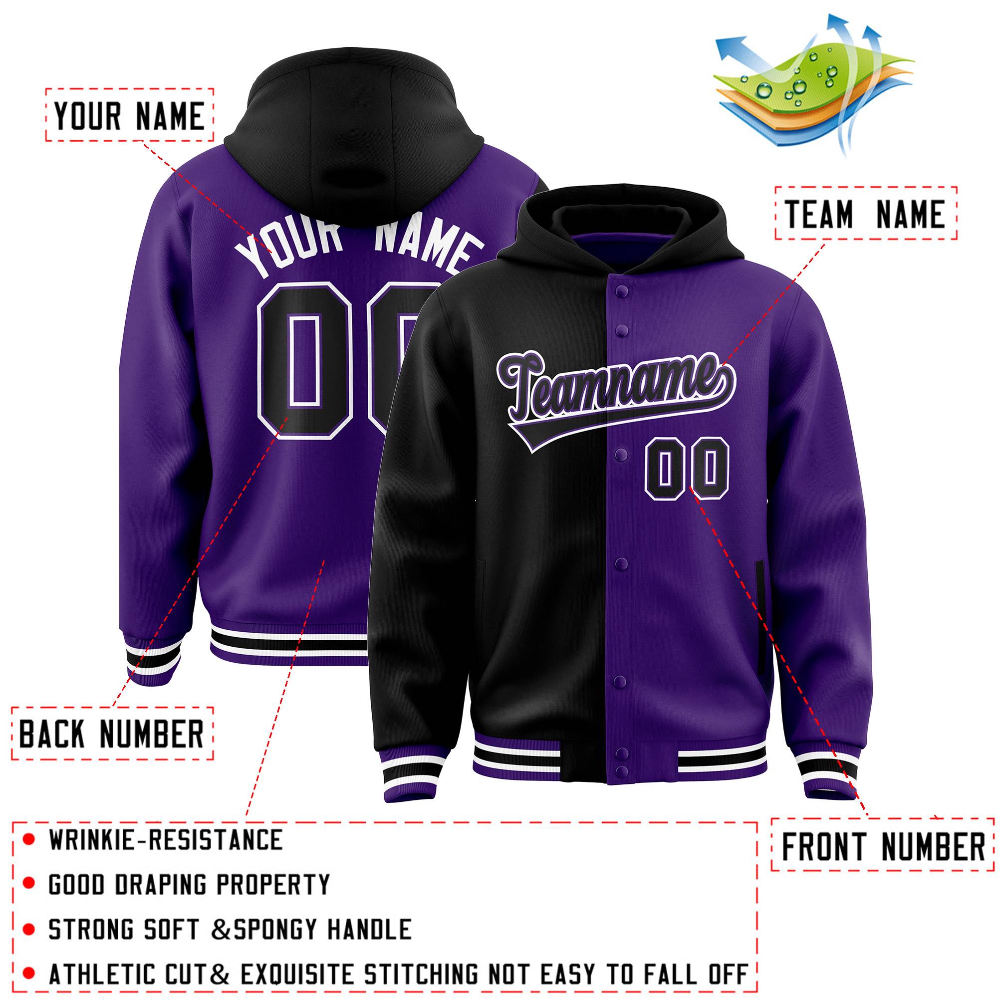 Custom Black Purple Split Fashion Varsity Full-Snap Letterman Two Tone Jacket Hoodie