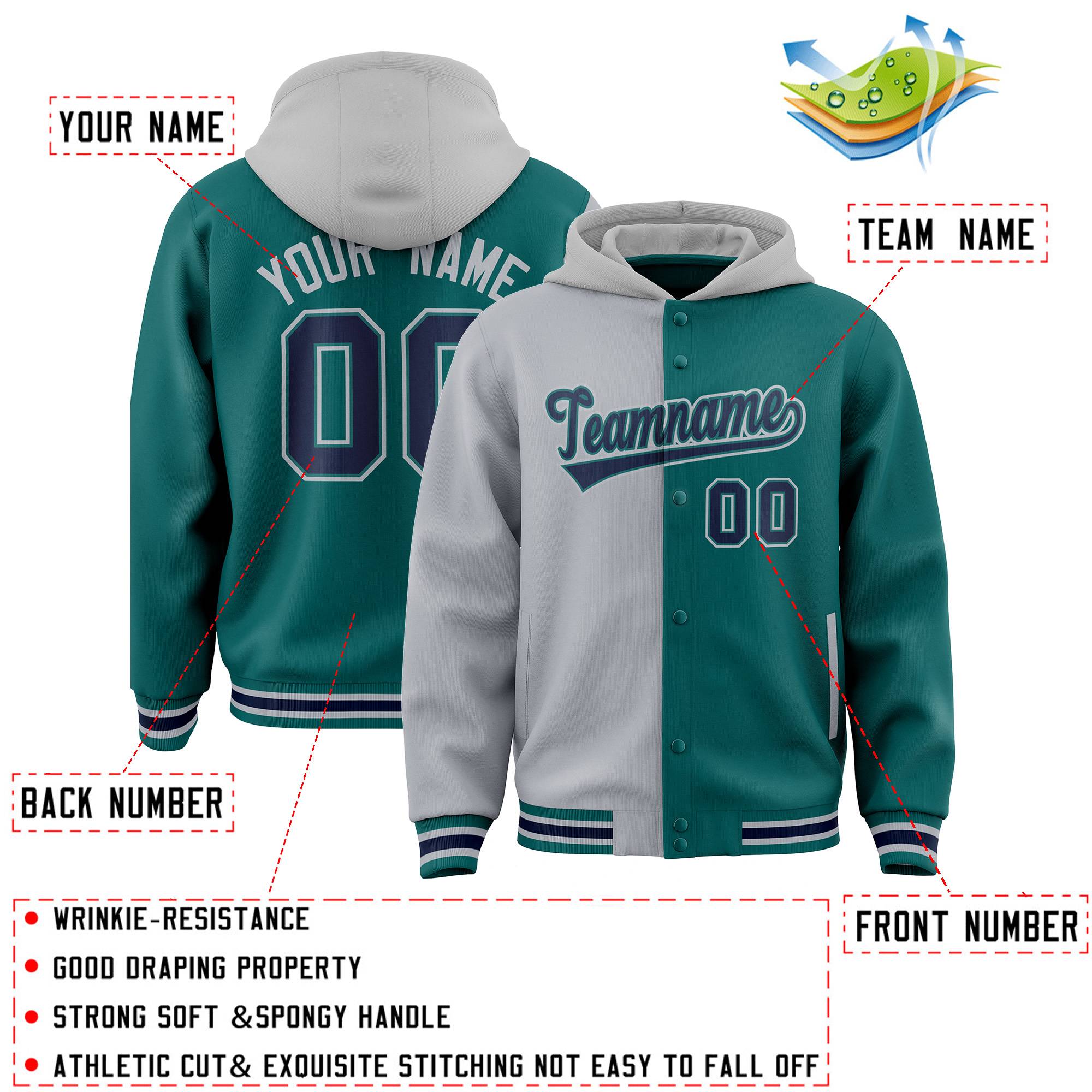 Custom Gray Aqua Split Fashion Varsity Full-Snap Letterman Two Tone Jacket Hoodie
