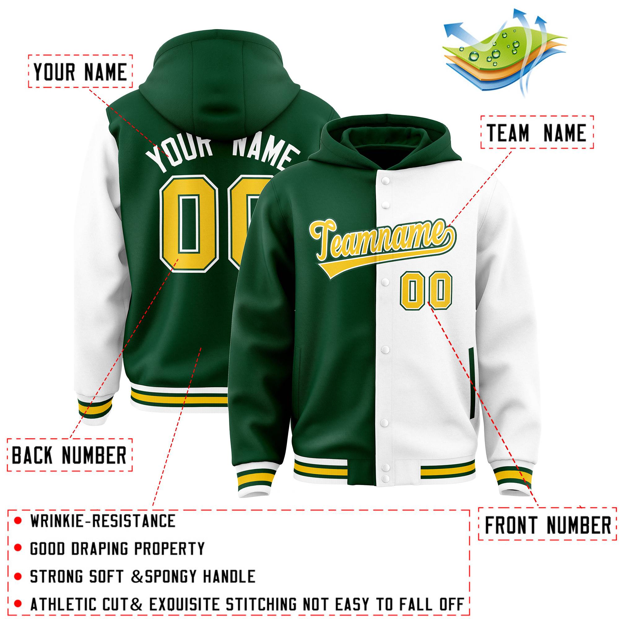 Custom Green White Split Fashion Varsity Full-Snap Letterman Two Tone Jacket Hoodie