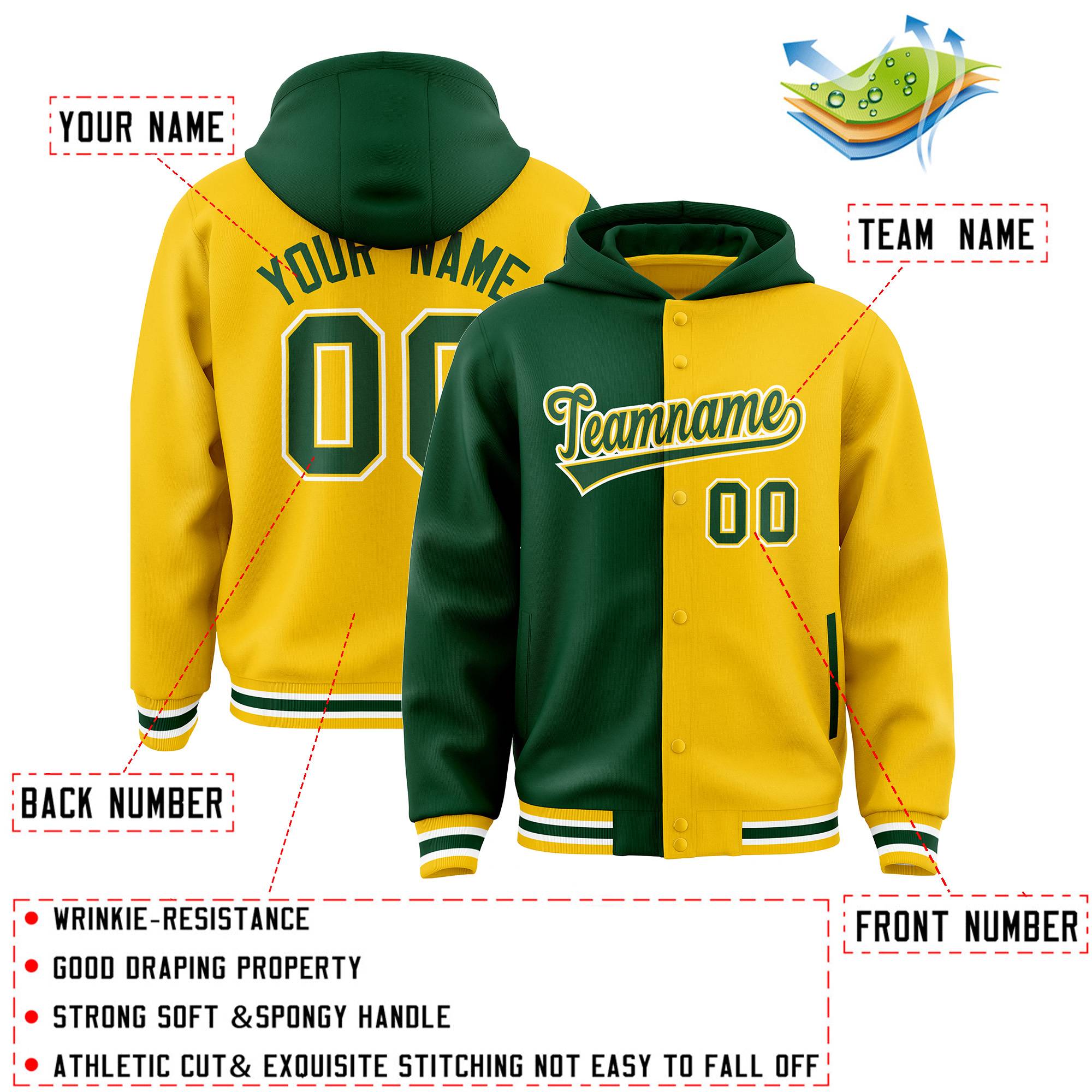 Custom Green Gold Split Fashion Varsity Full-Snap Letterman Two Tone Jacket Hoodie