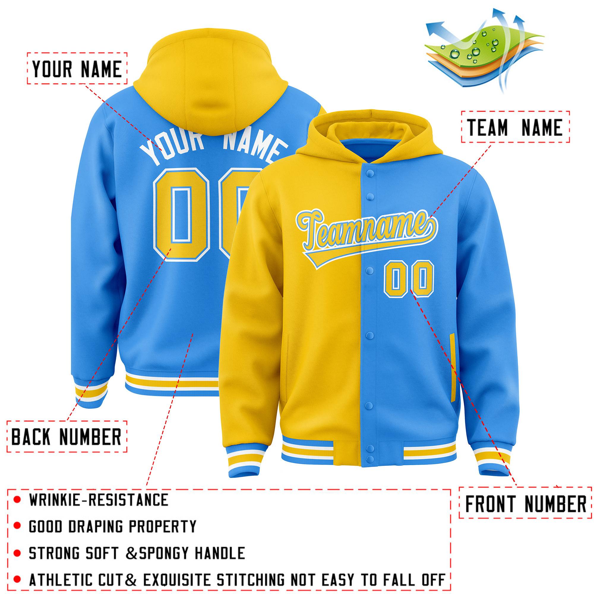 Custom Gold Powder Blue Split Fashion Varsity Full-Snap Letterman Two Tone Jacket Hoodie