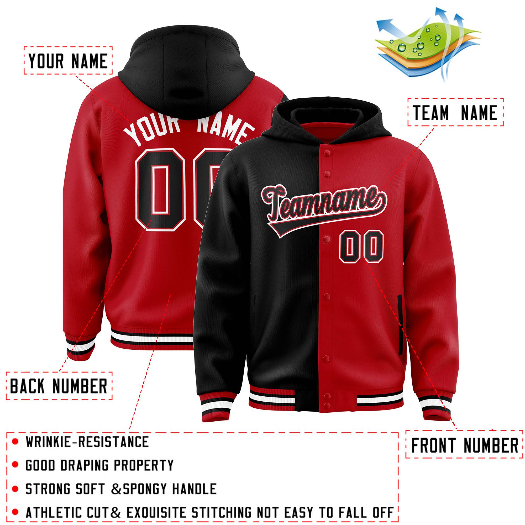 Custom Black Red Split Fashion Varsity Full-Snap Letterman Two Tone Jacket Hoodie