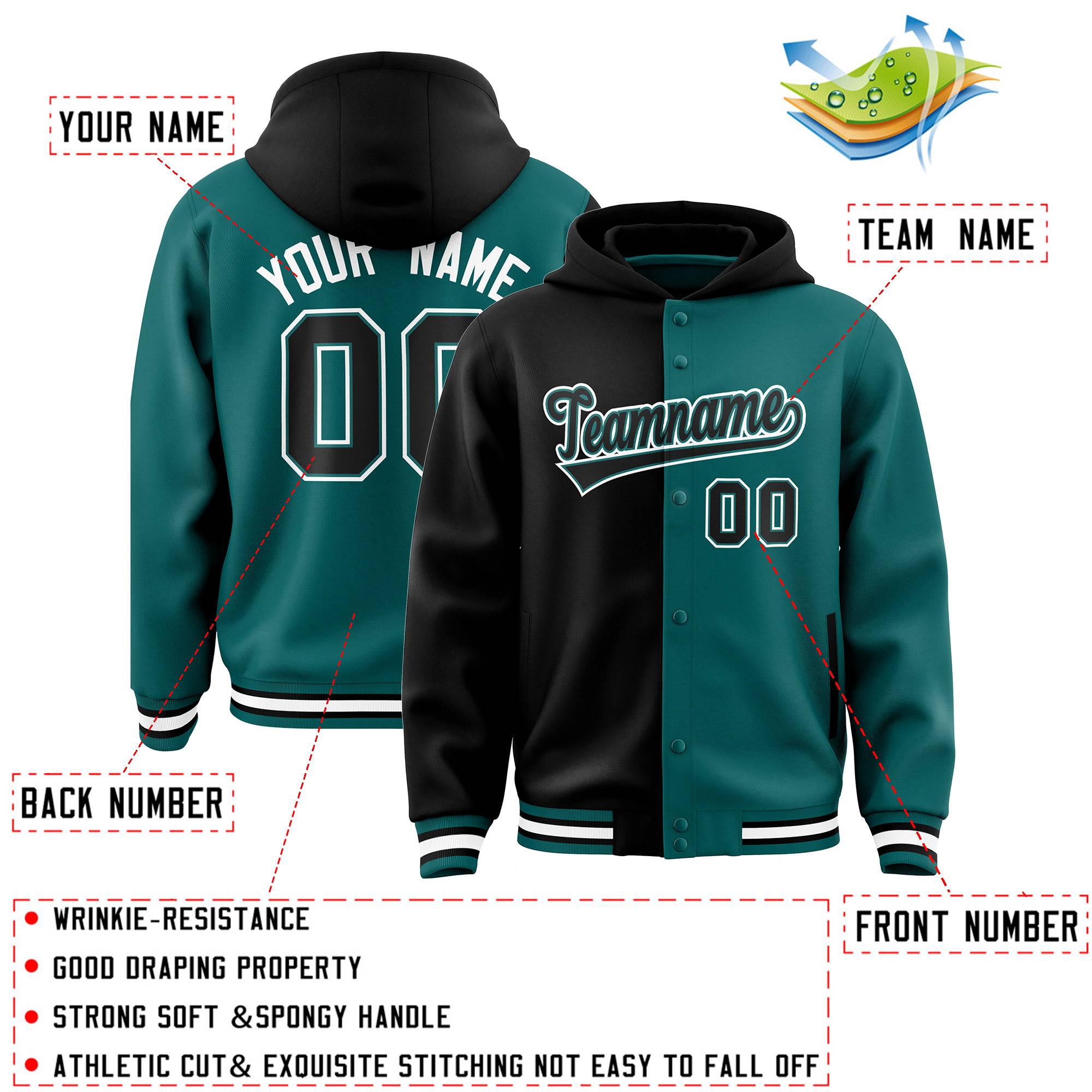 Custom Black Aqua Split Fashion Varsity Full-Snap Letterman Two Tone Jacket Hoodie