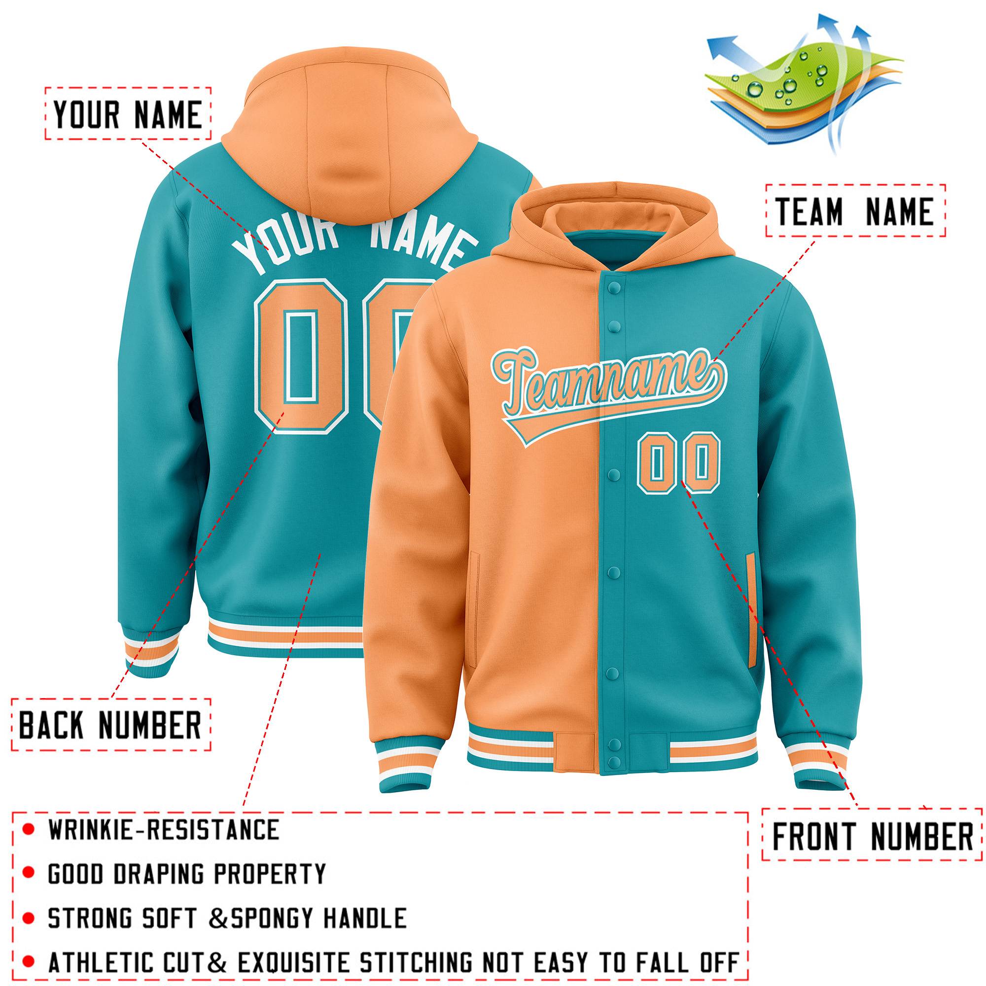 Custom Orange Aqua Split Fashion Varsity Full-Snap Letterman Two Tone Jacket Hoodie