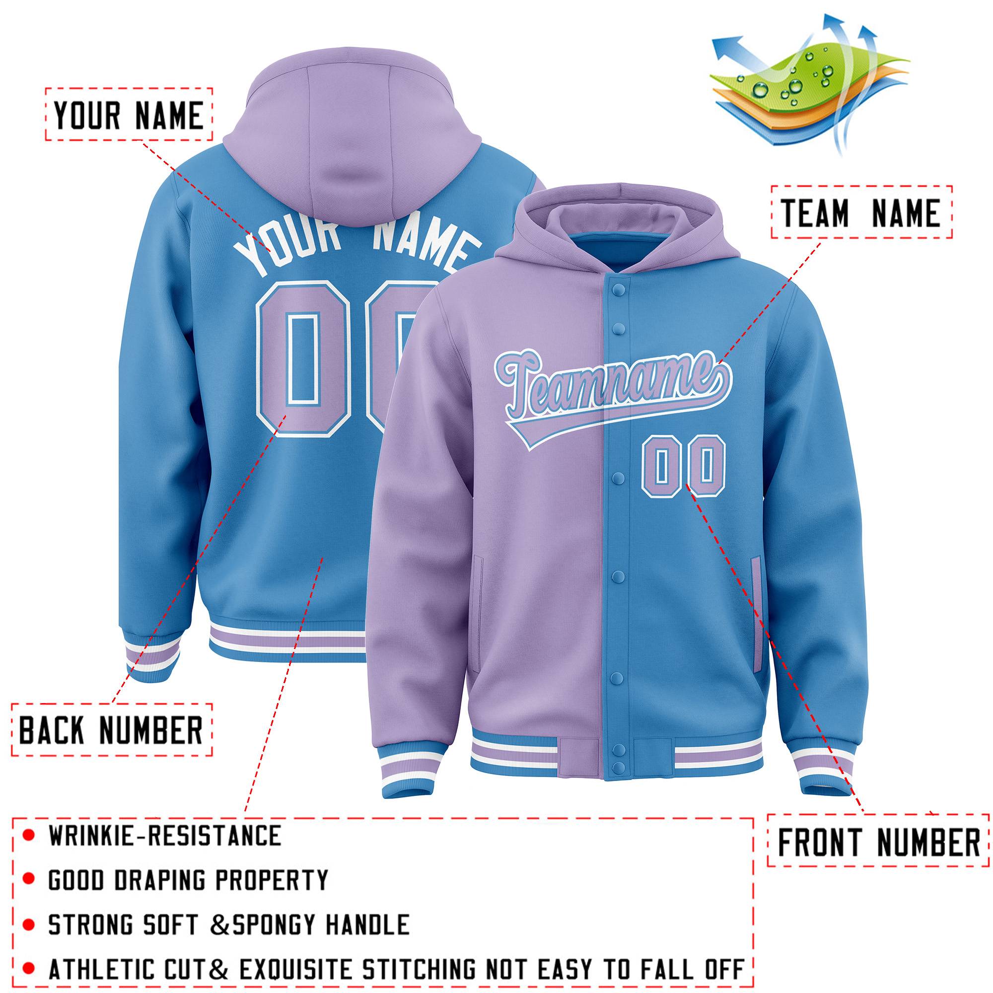 Custom Light Purple Powder Blue Split Fashion Varsity Full-Snap Letterman Two Tone Jacket Hoodie