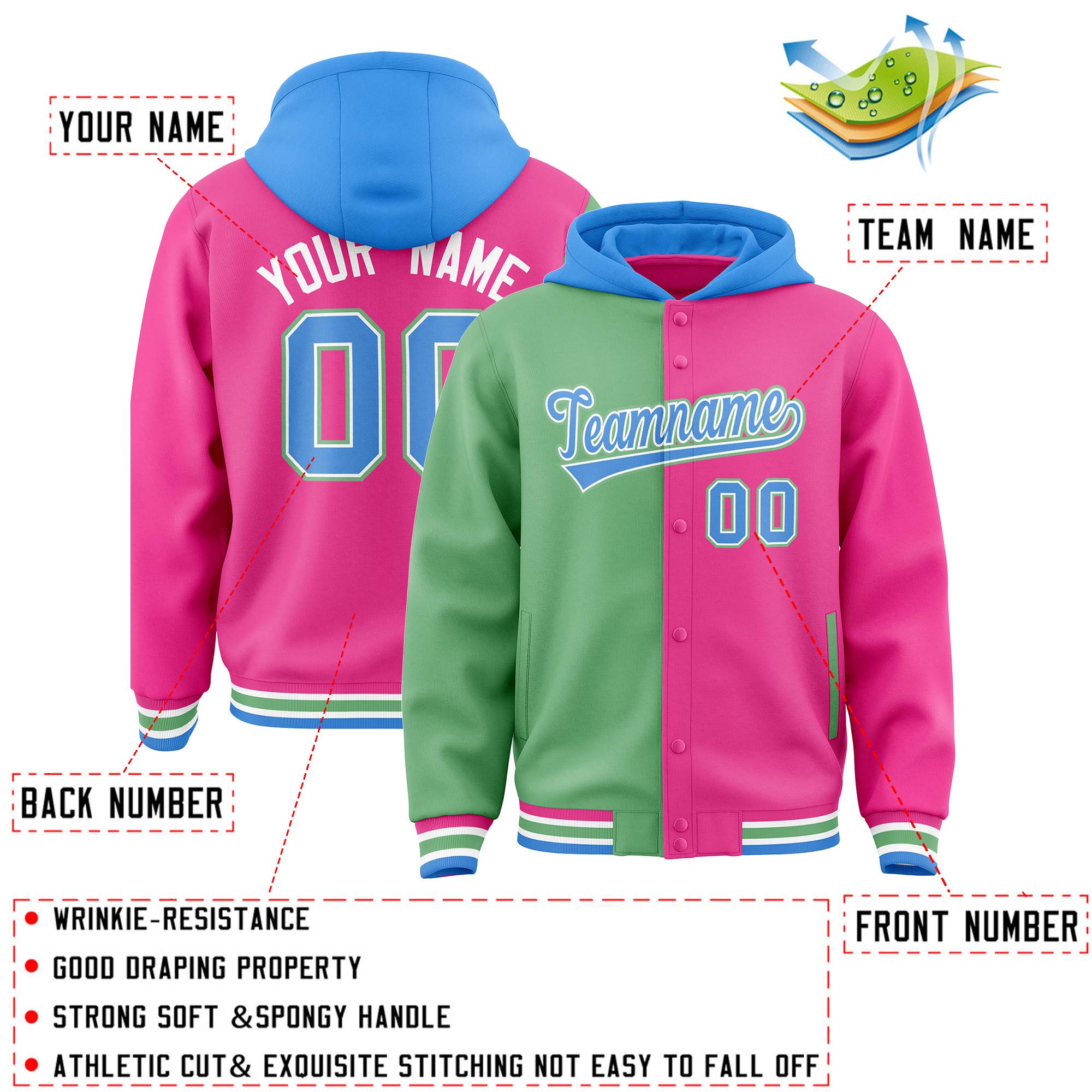 Custom Green Pink Split Fashion Varsity Full-Snap Letterman Two Tone Jacket Hoodie