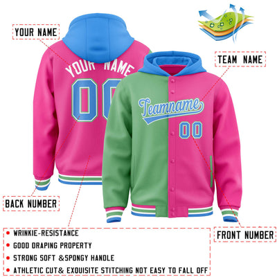 Custom Green Pink Split Fashion Varsity Full-Snap Letterman Two Tone Jacket Hoodie