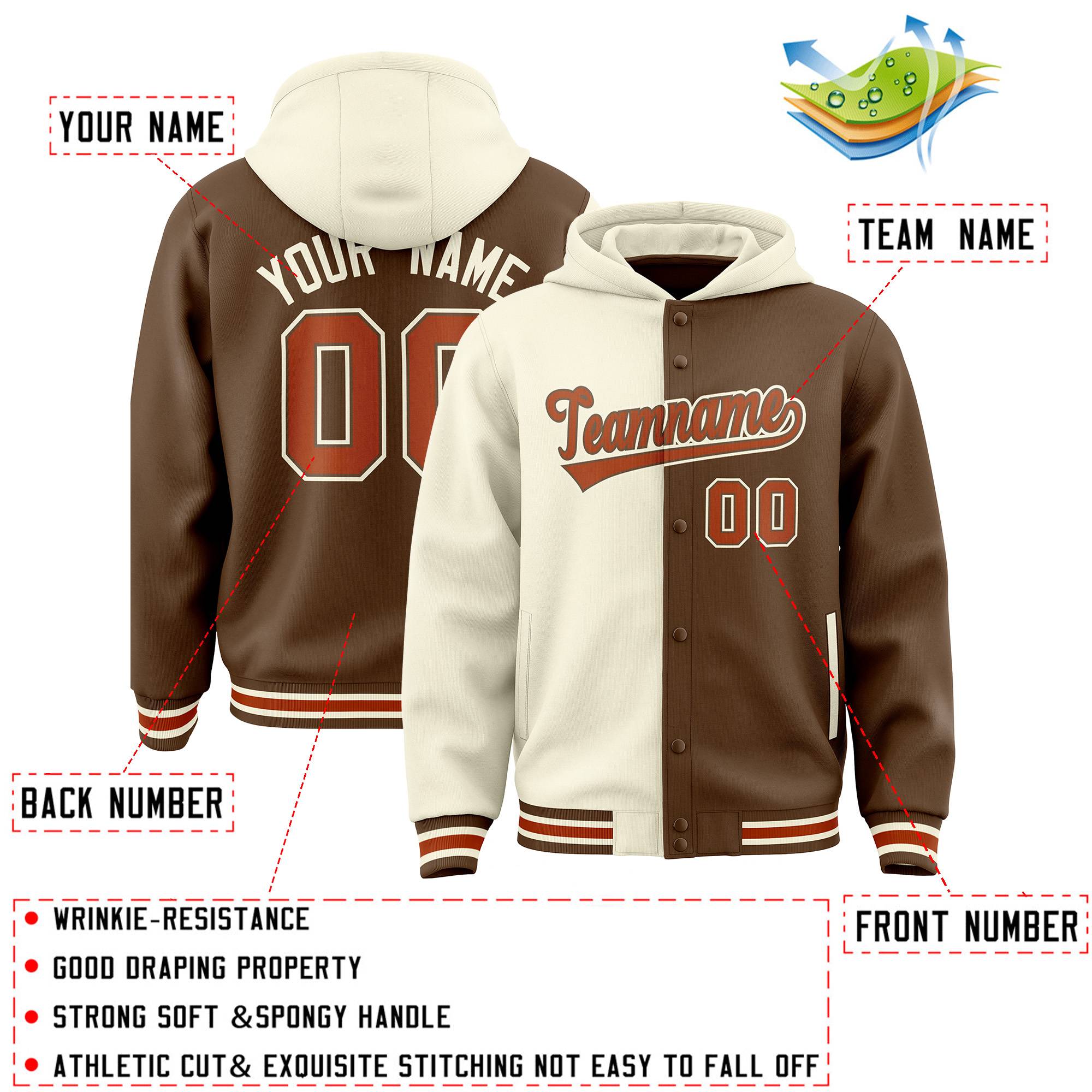 Custom Cream Light Brown Split Fashion Varsity Full-Snap Letterman Two Tone Jacket Hoodie