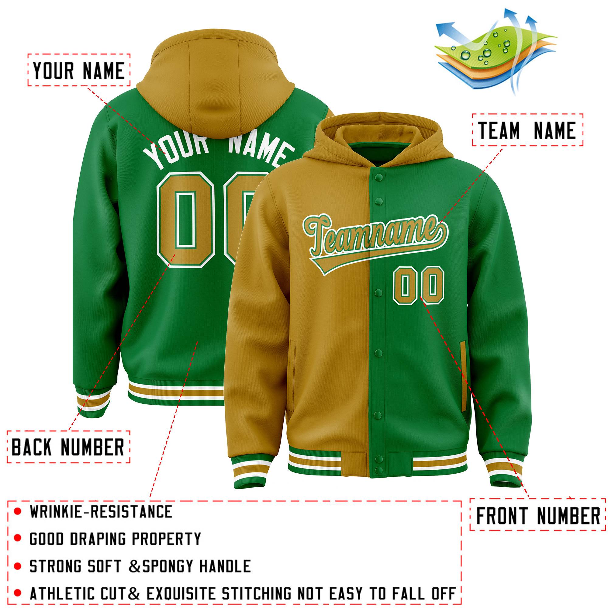 Custom Old Gold Kelly Green Split Fashion Varsity Full-Snap Letterman Two Tone Jacket Hoodie
