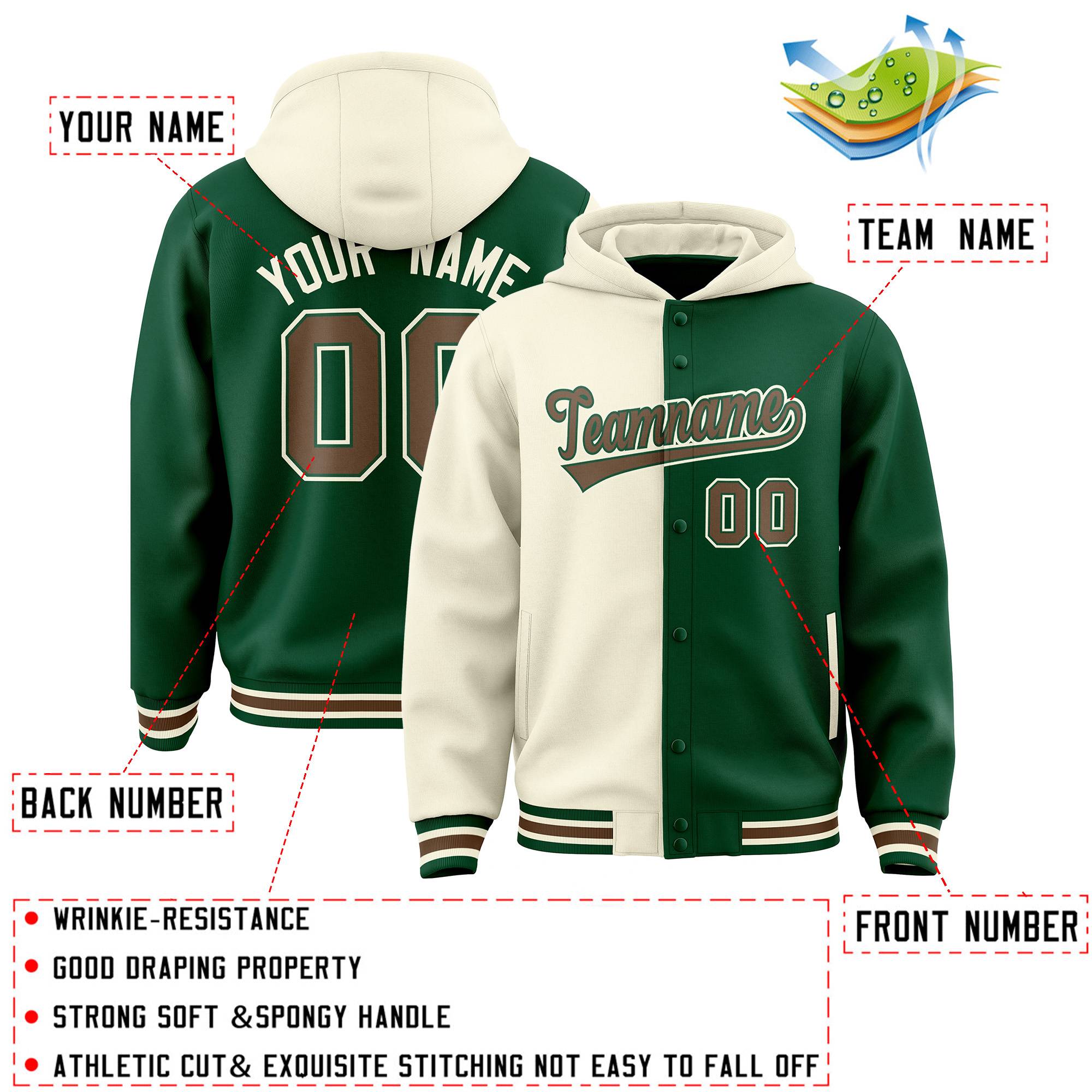 Custom Cream Green Split Fashion Varsity Full-Snap Letterman Two Tone Jacket Hoodie