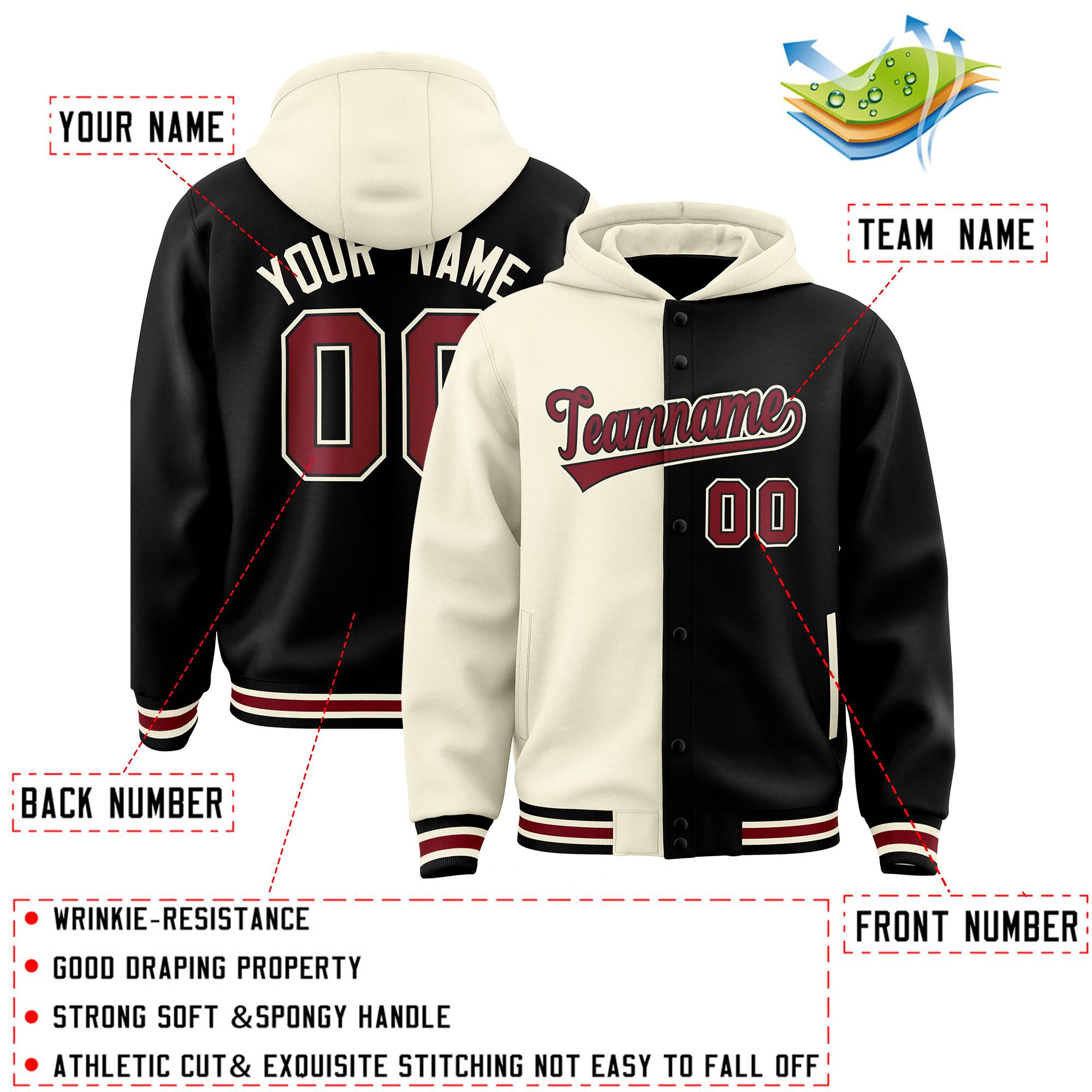 Custom Cream Black Split Fashion Varsity Full-Snap Letterman Two Tone Jacket Hoodie