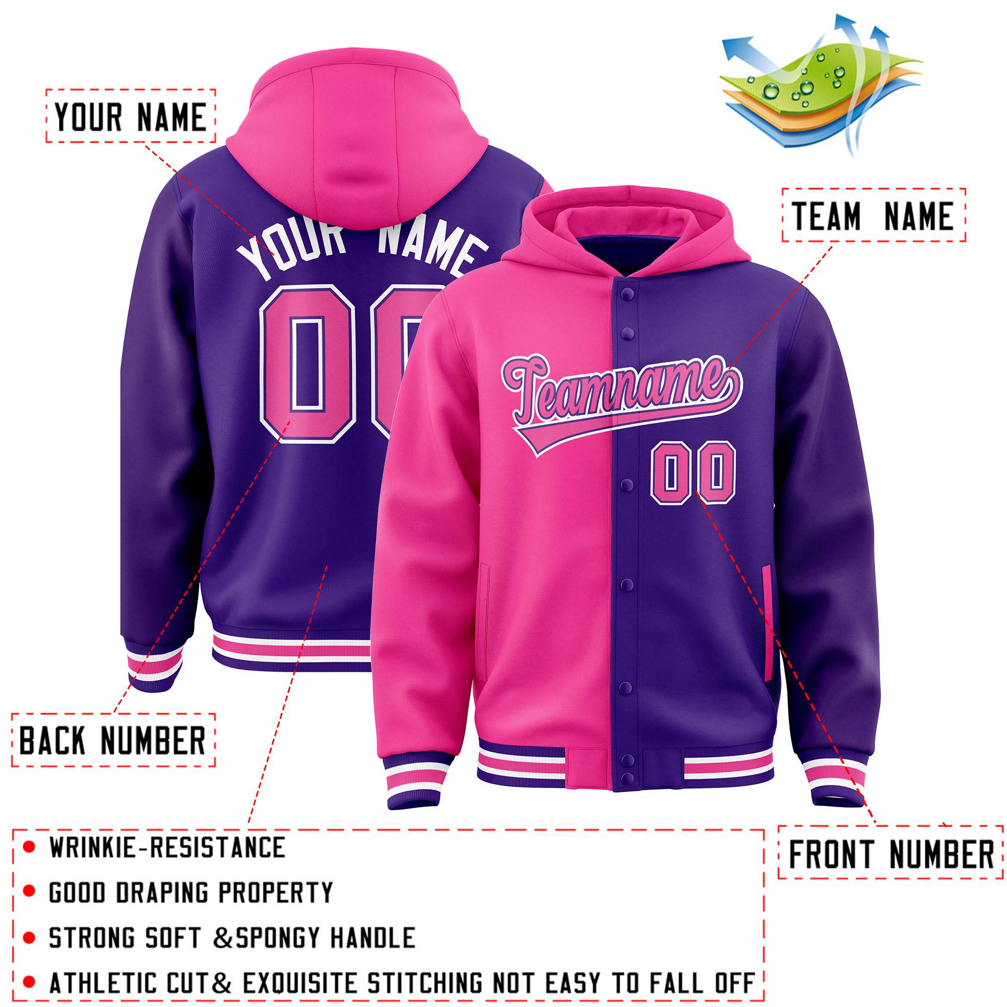 Custom Pink Purple Split Fashion Varsity Full-Snap Letterman Two Tone Jacket Hoodie