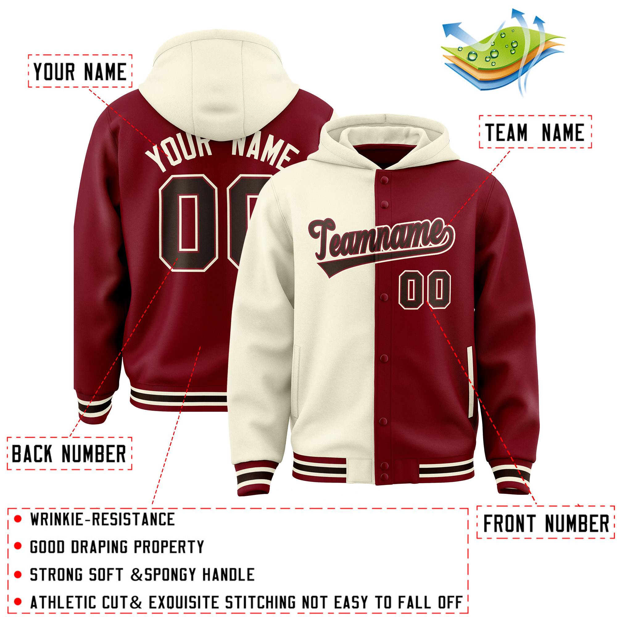 Custom Cream Crimson Split Fashion Varsity Full-Snap Letterman Two Tone Jacket Hoodie