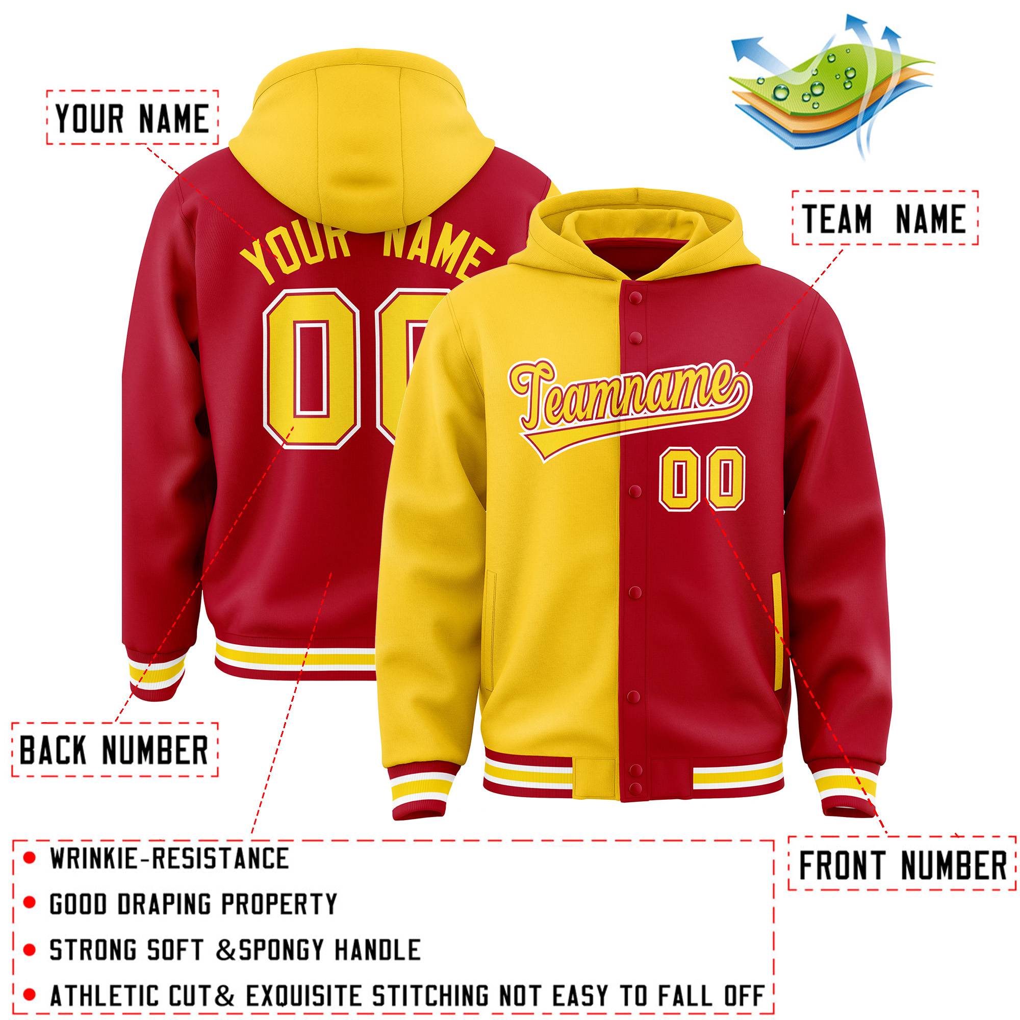 Custom Gold Red Split Fashion Varsity Full-Snap Letterman Two Tone Jacket Hoodie