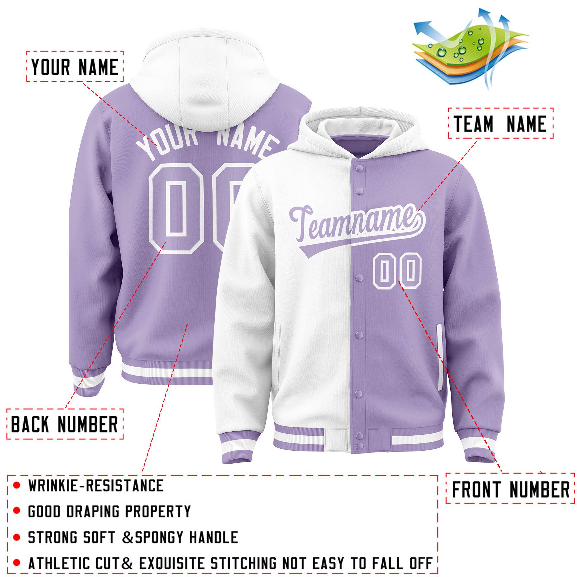 Custom White Light Purple Split Fashion Varsity Full-Snap Letterman Two Tone Jacket Hoodie