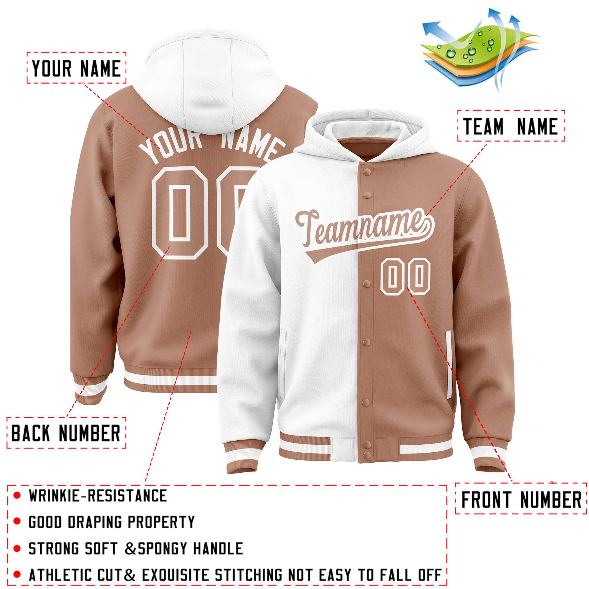 Custom White Light Brown Split Fashion Varsity Full-Snap Letterman Two Tone Jacket Hoodie
