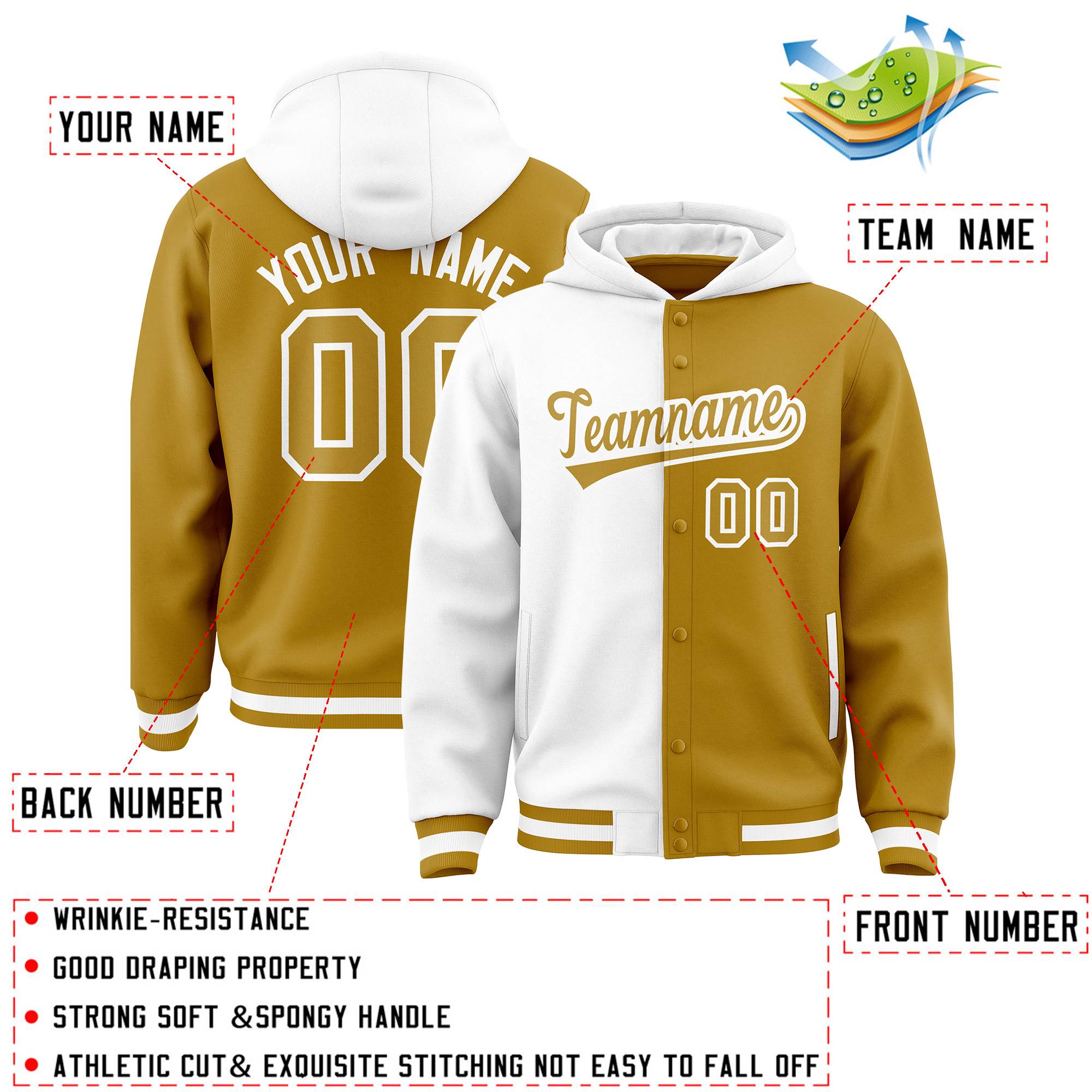 Custom White Old Gold Split Fashion Varsity Full-Snap Letterman Two Tone Jacket Hoodie