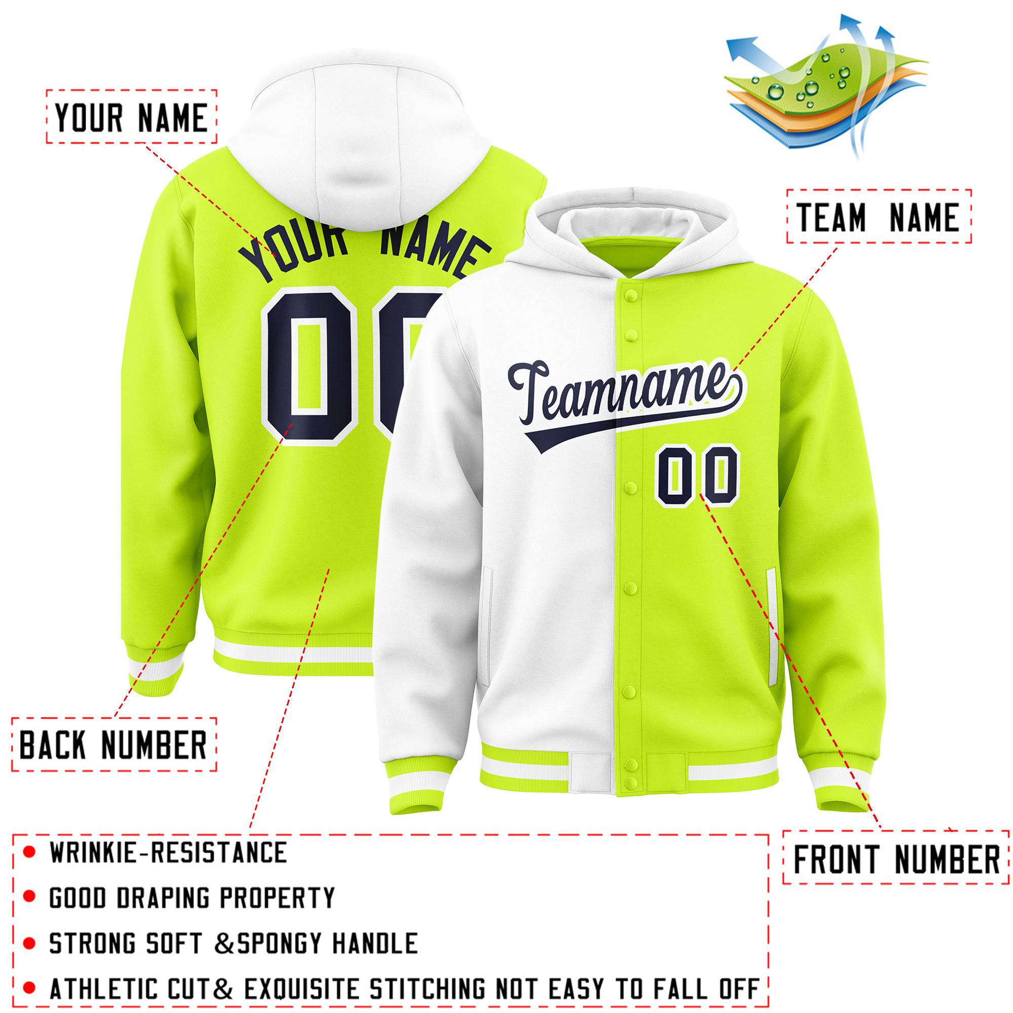 Custom White Neon Green Split Fashion Varsity Full-Snap Letterman Two Tone Jacket Hoodie