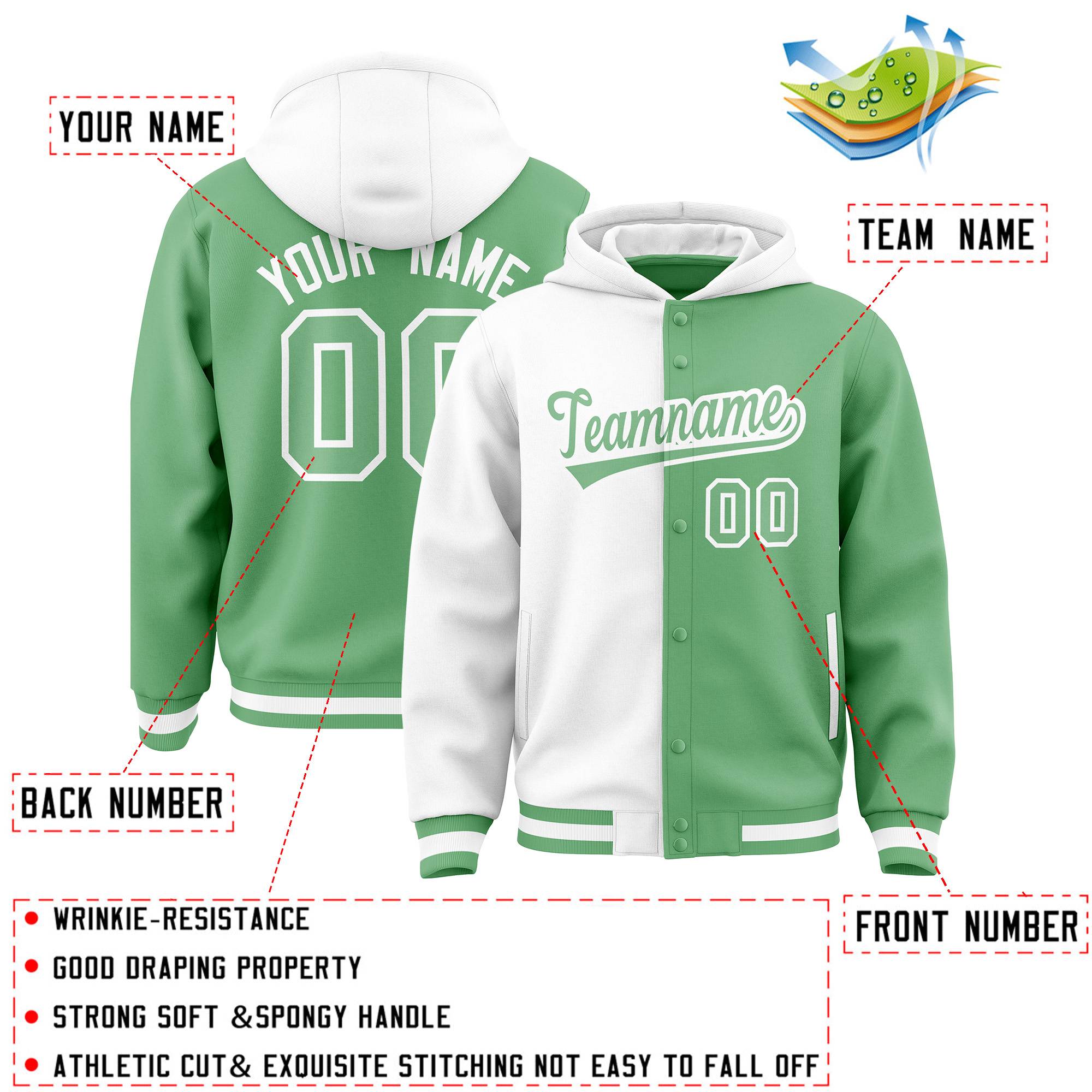 Custom White Green Split Fashion Varsity Full-Snap Letterman Two Tone Jacket Hoodie