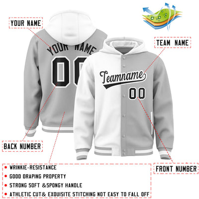 Custom White Gray Split Fashion Varsity Full-Snap Letterman Two Tone Jacket Hoodie