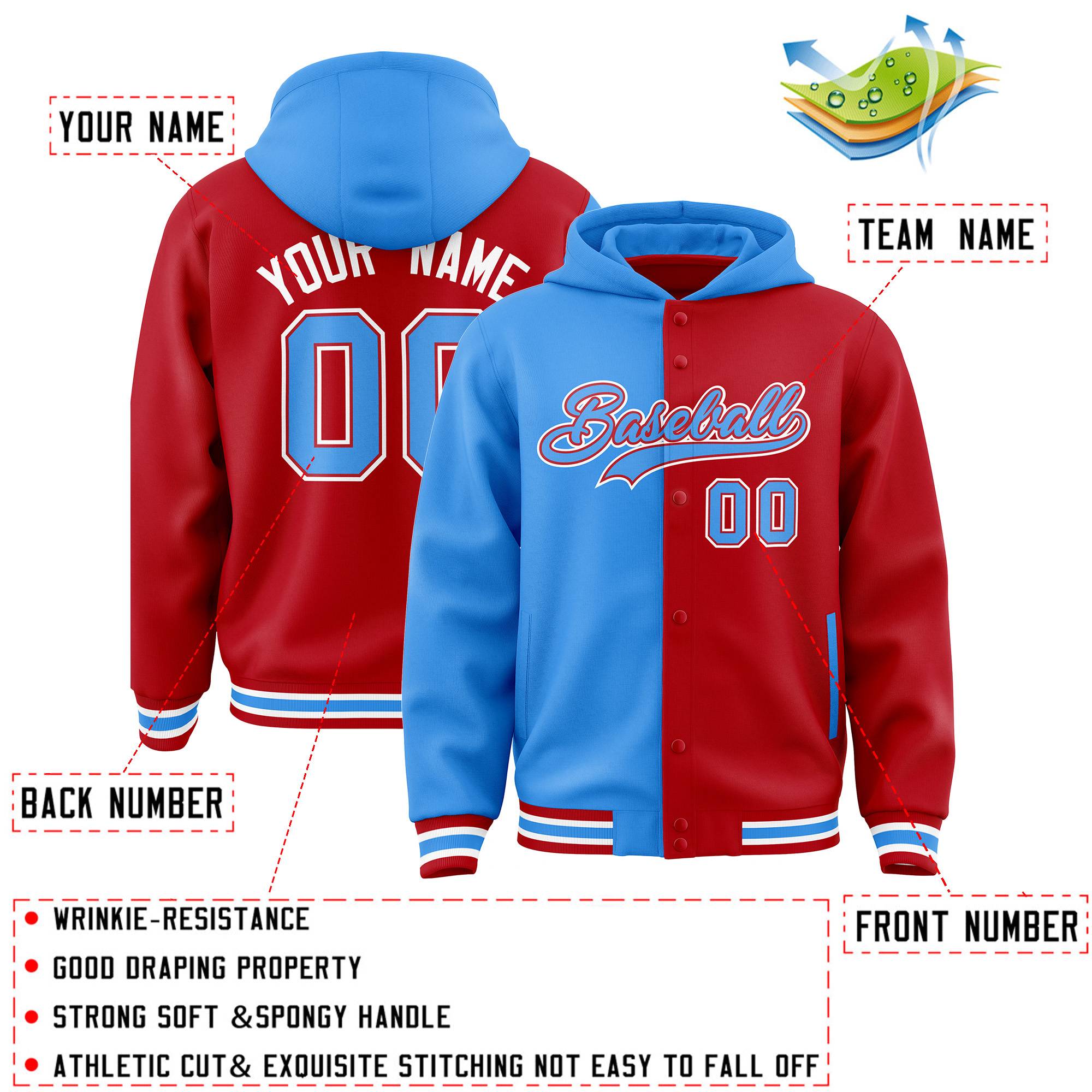 Custom Powder Blue Red Split Fashion Varsity Full-Snap Letterman Two Tone Jacket Hoodie