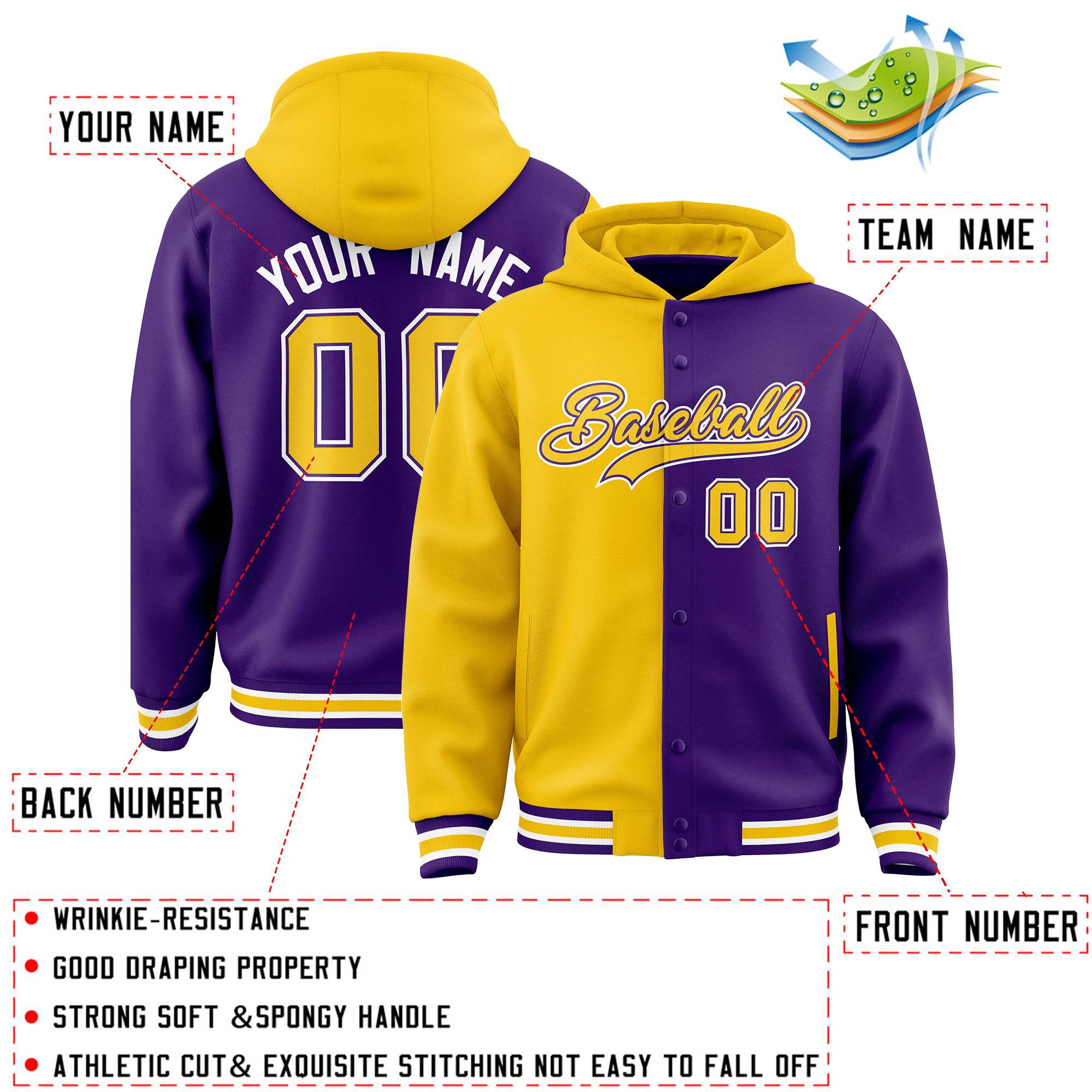 Custom Gold Purple Split Fashion Varsity Full-Snap Letterman Two Tone Jacket Hoodie