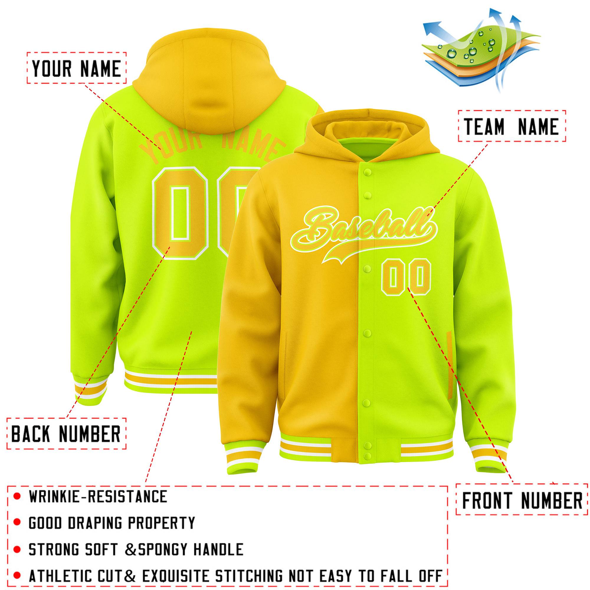 Custom Gold Neon Green Split Fashion Varsity Full-Snap Letterman Two Tone Jacket Hoodie